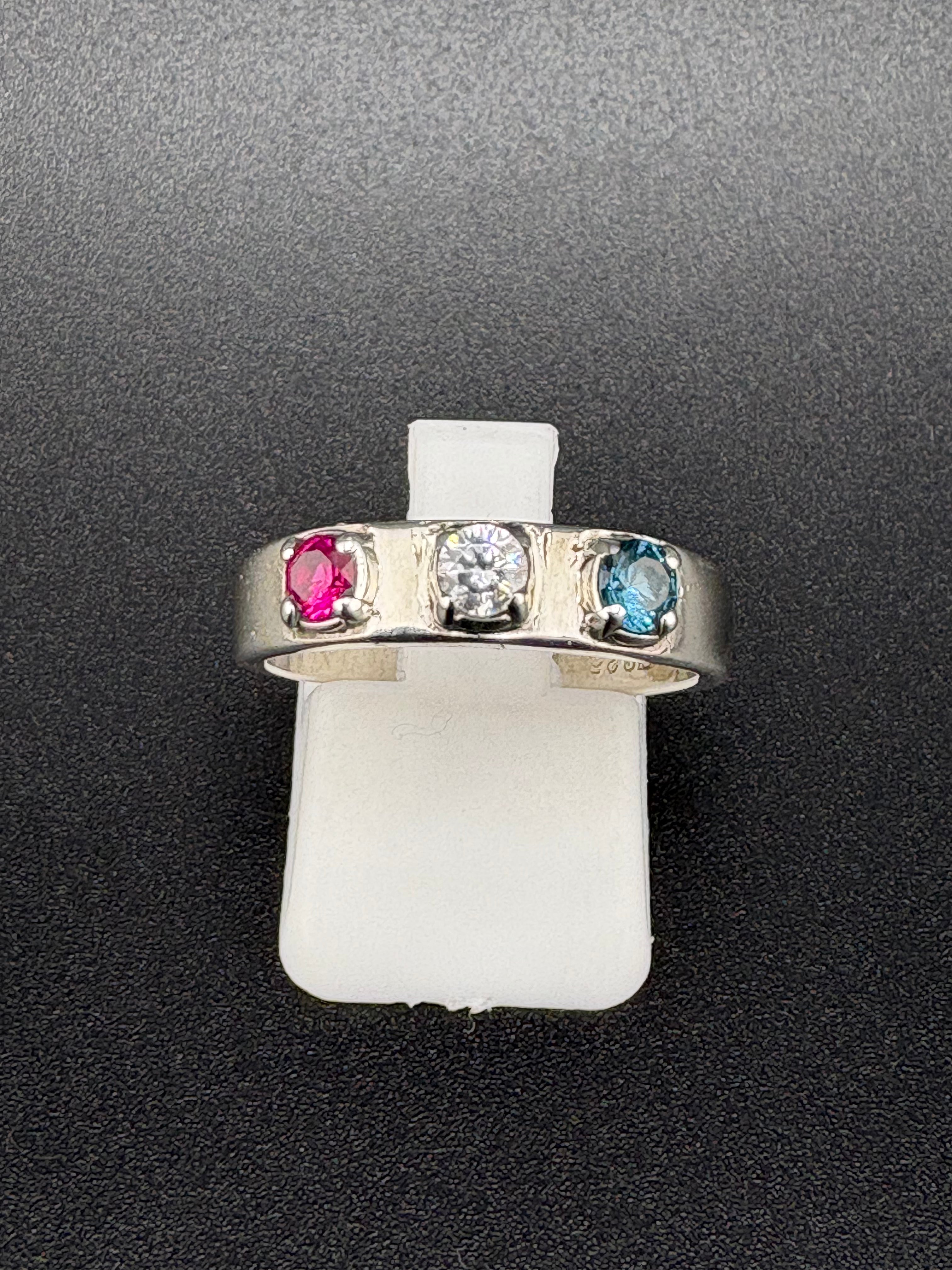 925 Sterling Silver Red, White & Blue Stone Ring – Size 7