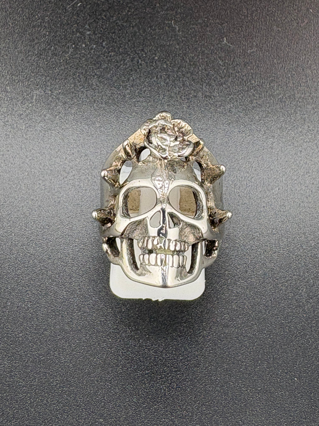 .925 Sterling Silver Skull & Rose Ring – 9g – Size 6.75