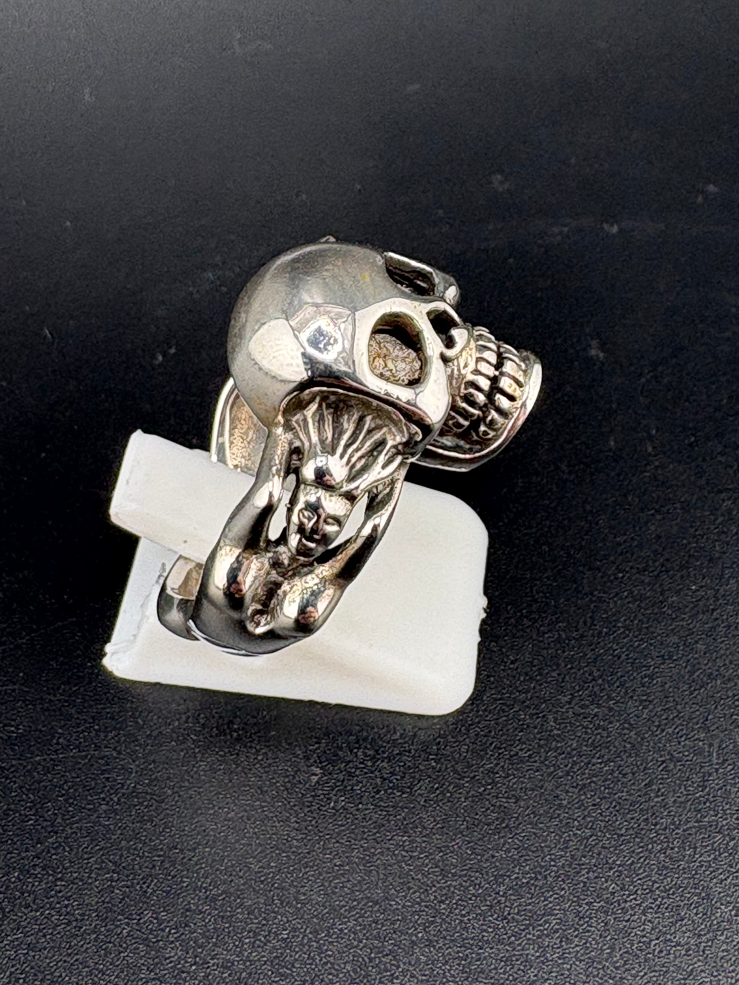 .925 Sterling Silver Skull Woman Figure Ring – 11.2g – Size 10