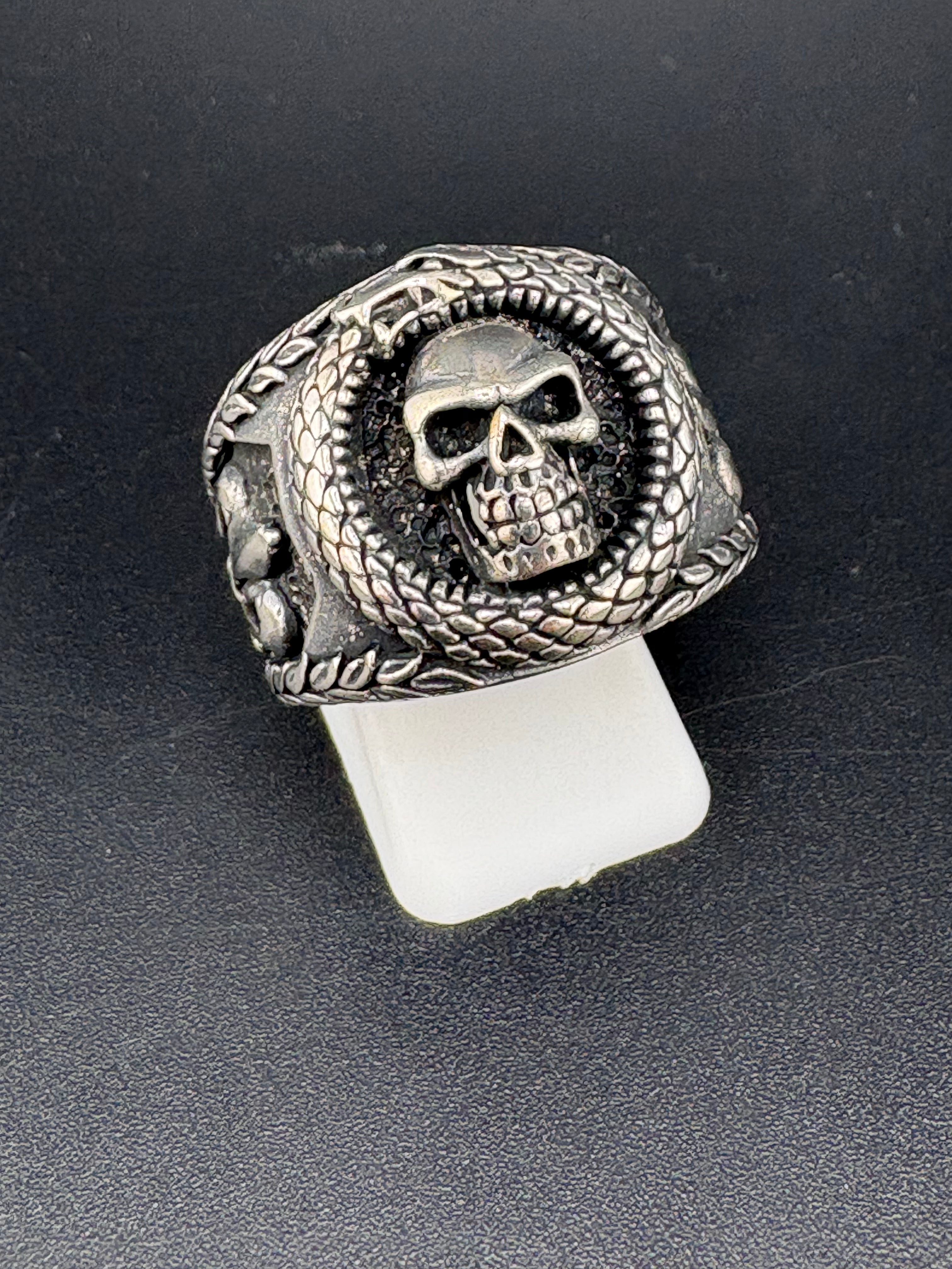.925 Sterling Silver Skull & Snake Ring – 10.5g – Size 10