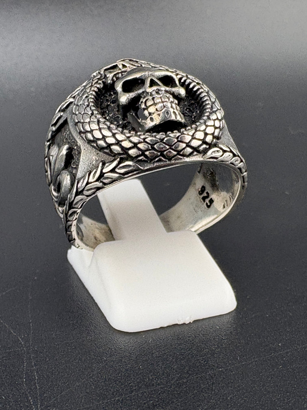 .925 Sterling Silver Skull & Snake Ring – 10.5g – Size 10