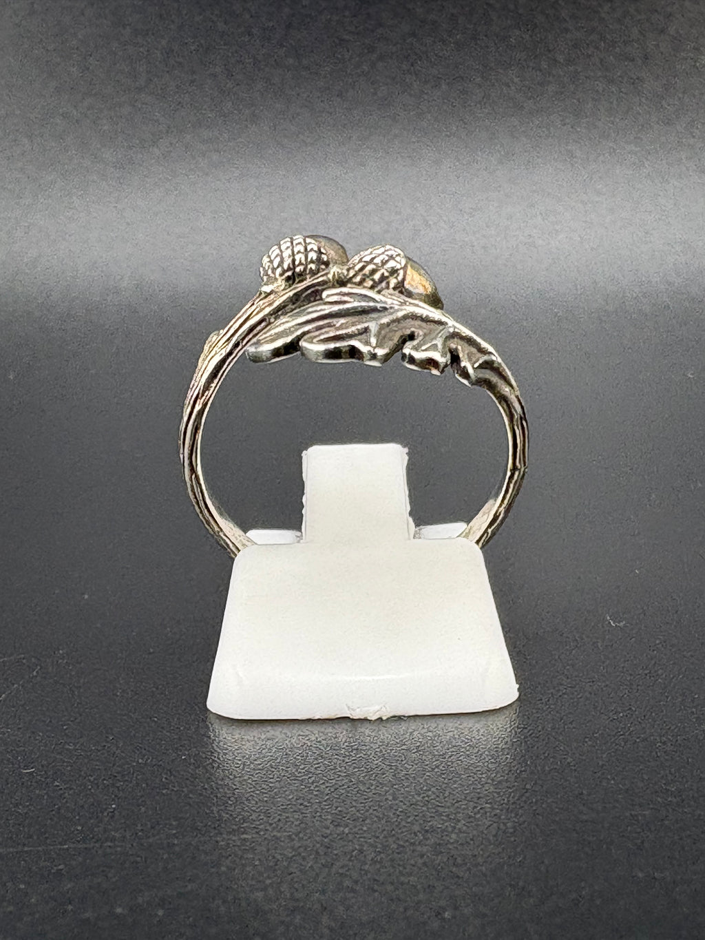 .925 Sterling Silver Acorn & Leaf Ring – 2.43g – Size 8 Adjustable