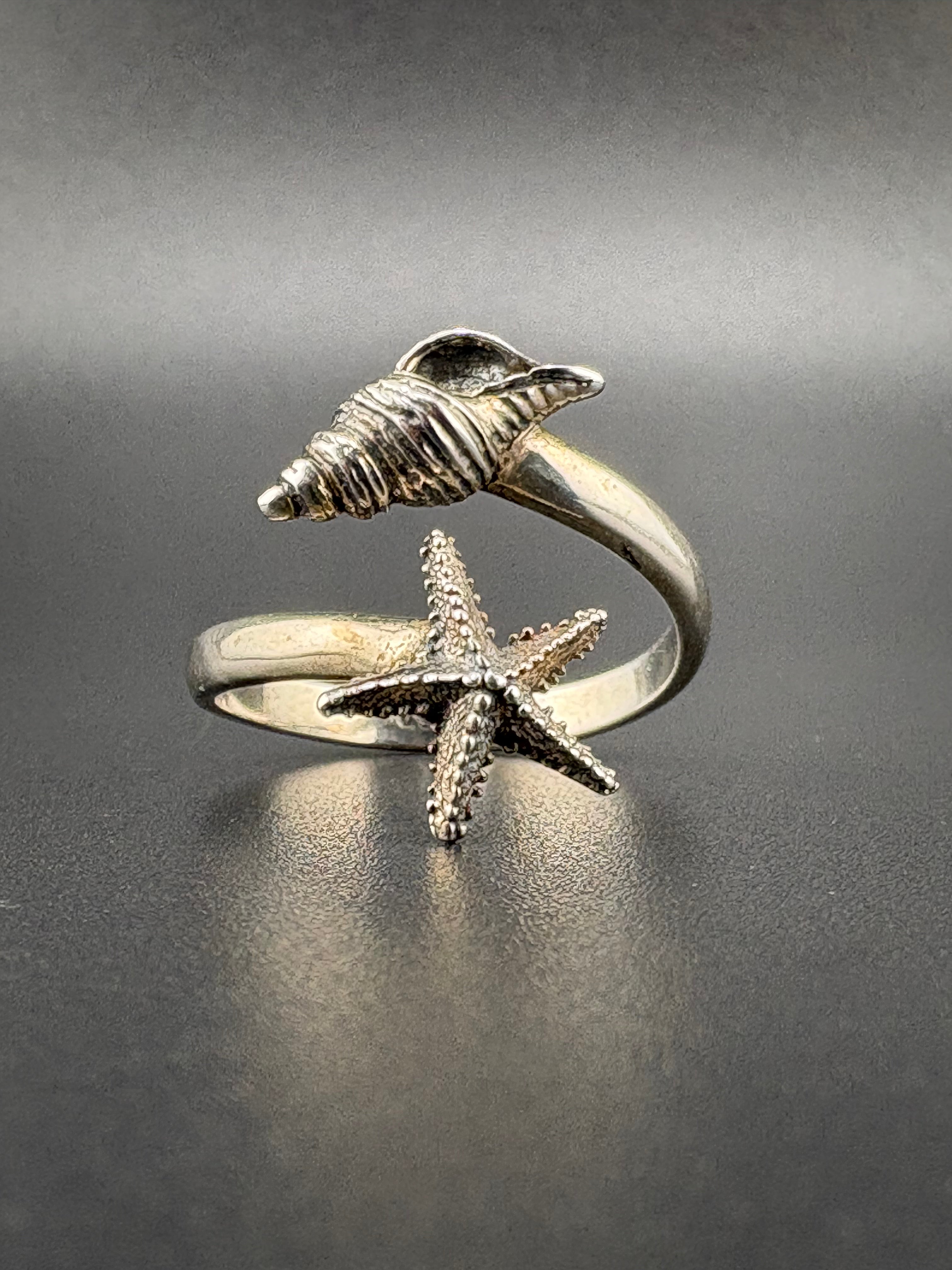 .925 Sterling Silver Starfish & Seashell Ring – 2.43g – Size 7 Adjustable