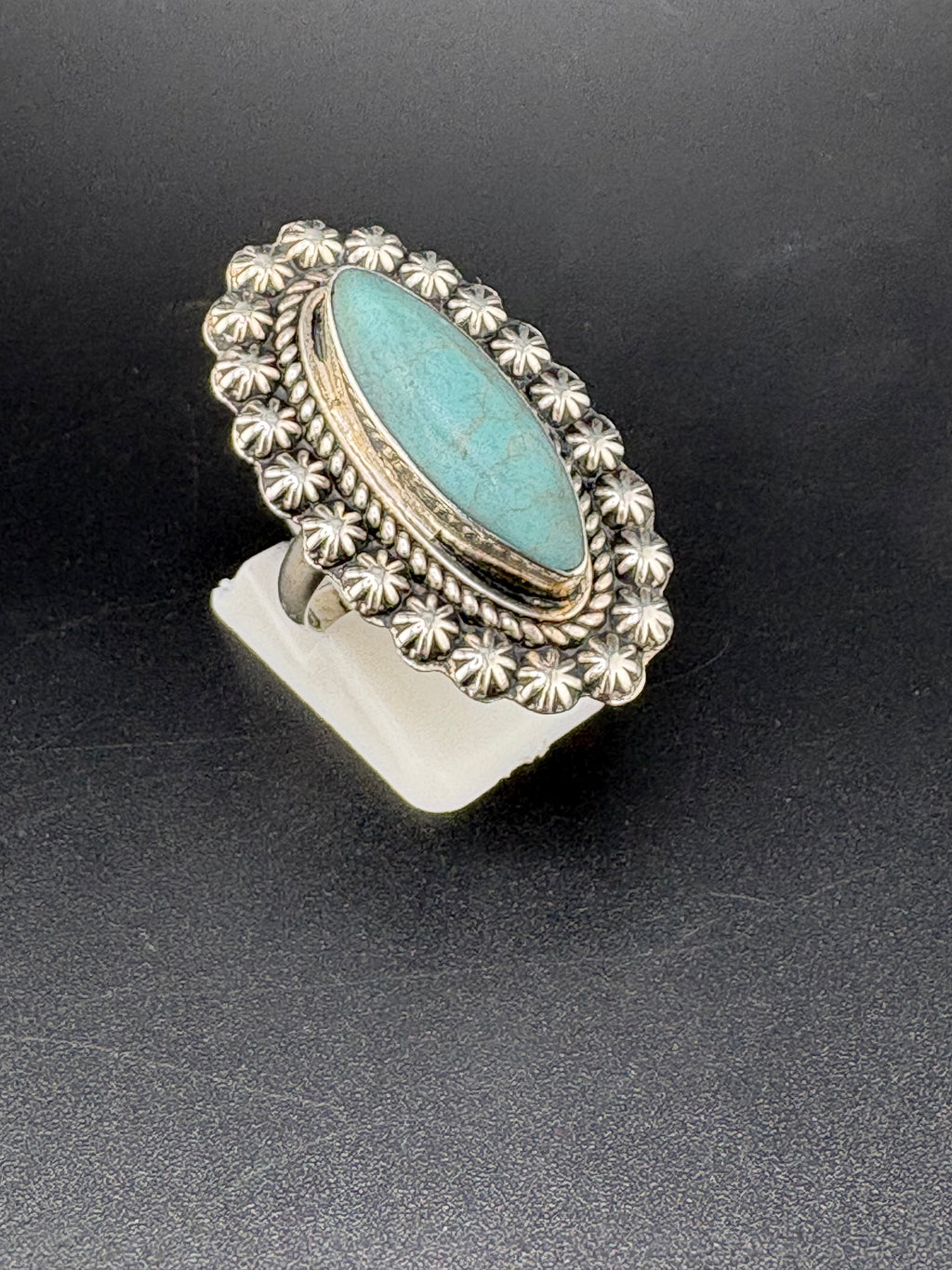 .925 Sterling Silver Large Turquoise Flower Ring – 7.15g – Size 6