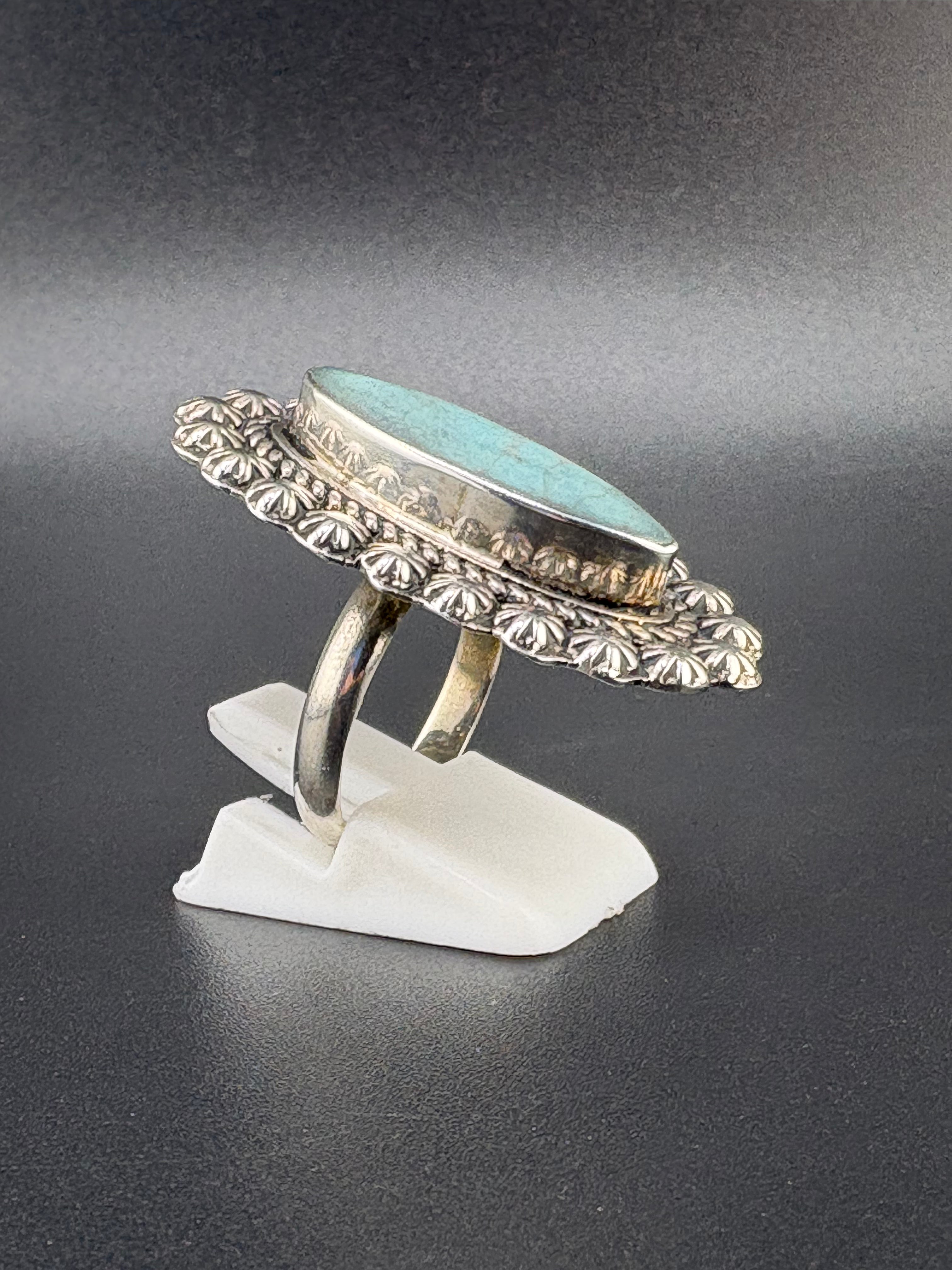 .925 Sterling Silver Large Turquoise Flower Ring – 7.15g – Size 6