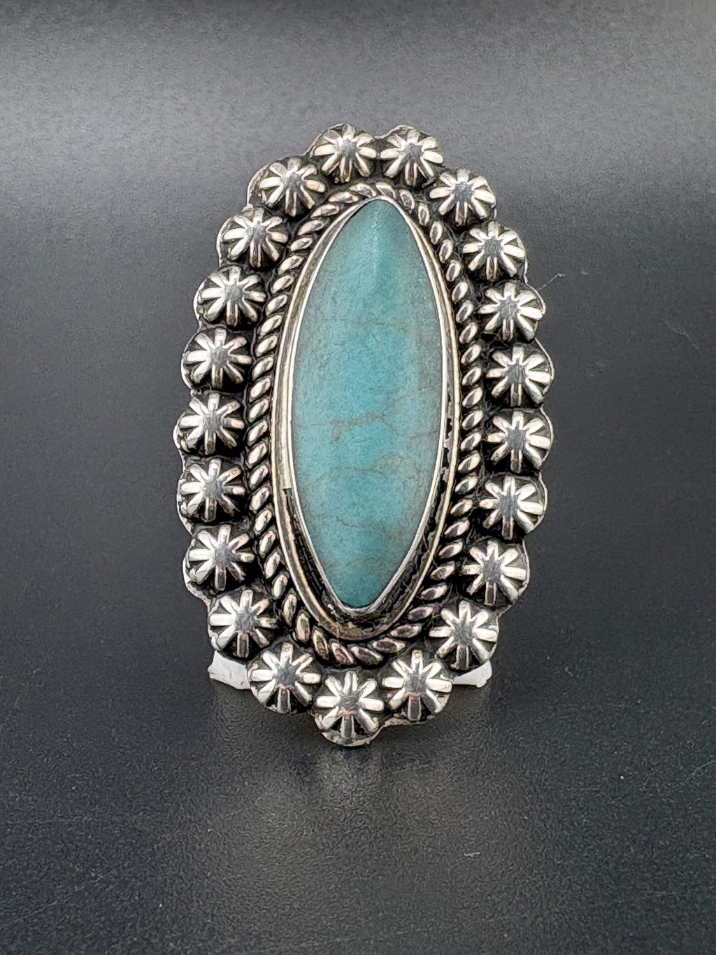 .925 Sterling Silver Large Turquoise Flower Ring – 7.15g – Size 6