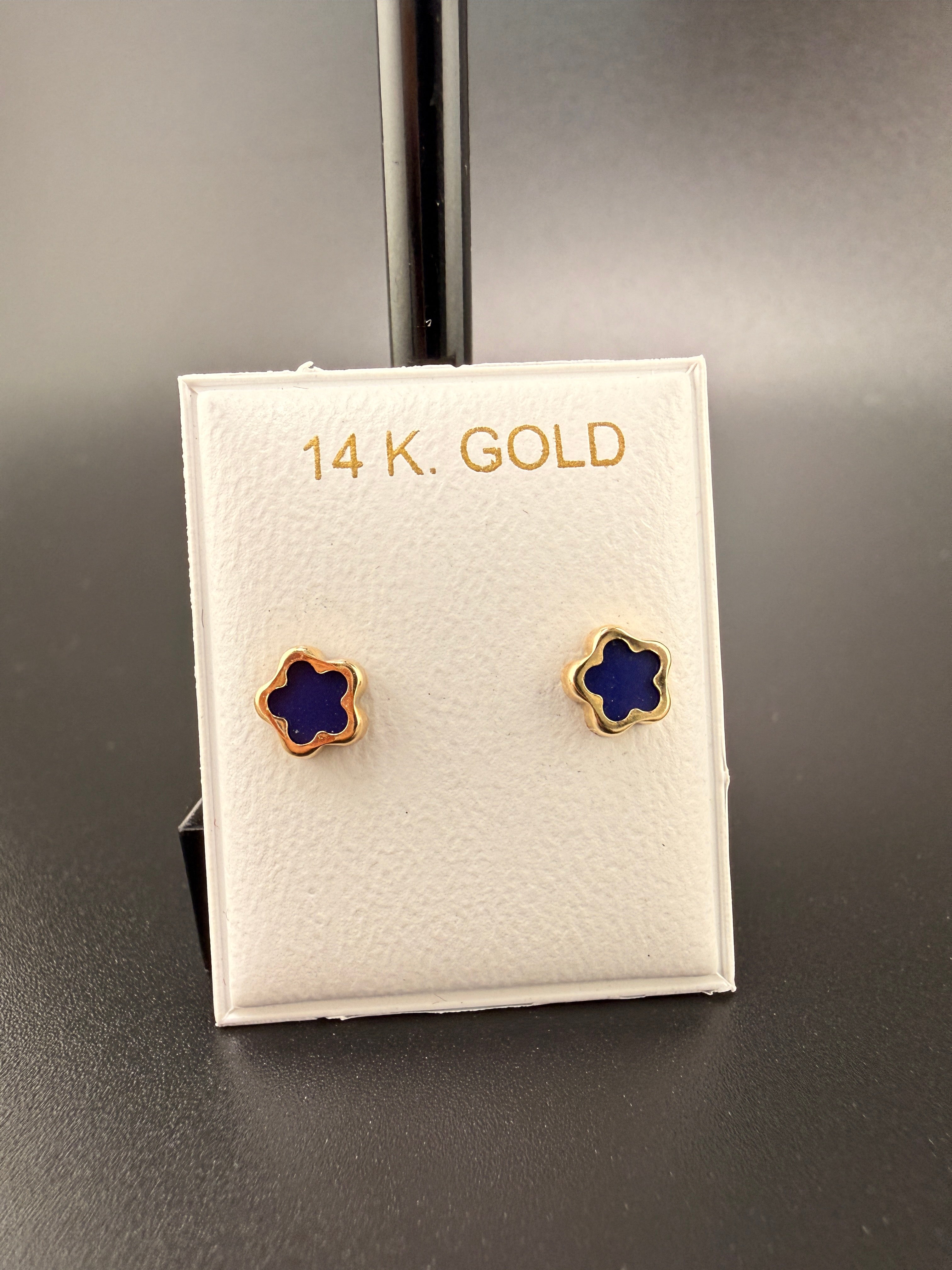 14K Gold Navy Blue Cloverleaf Earrings – Luxury Clover Stud Earrings | Jewelry Connect Wholesale Price