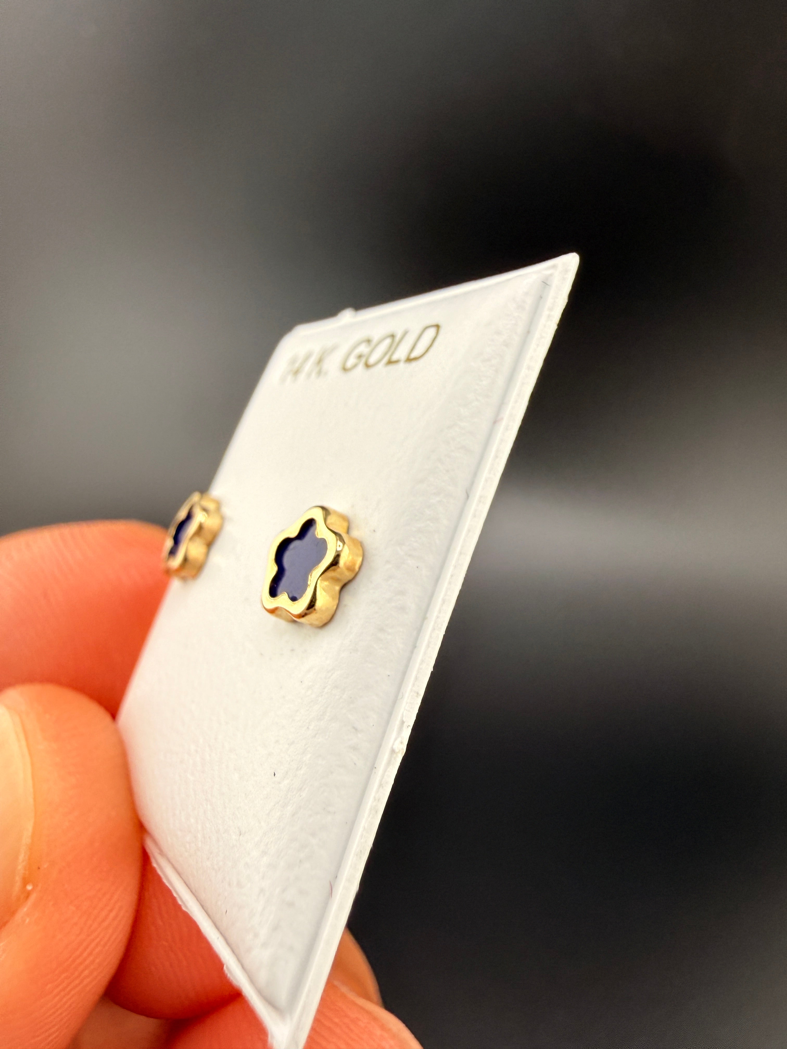 14K Gold Navy Blue Cloverleaf Earrings – Luxury Clover Stud Earrings | Jewelry Connect Wholesale Price