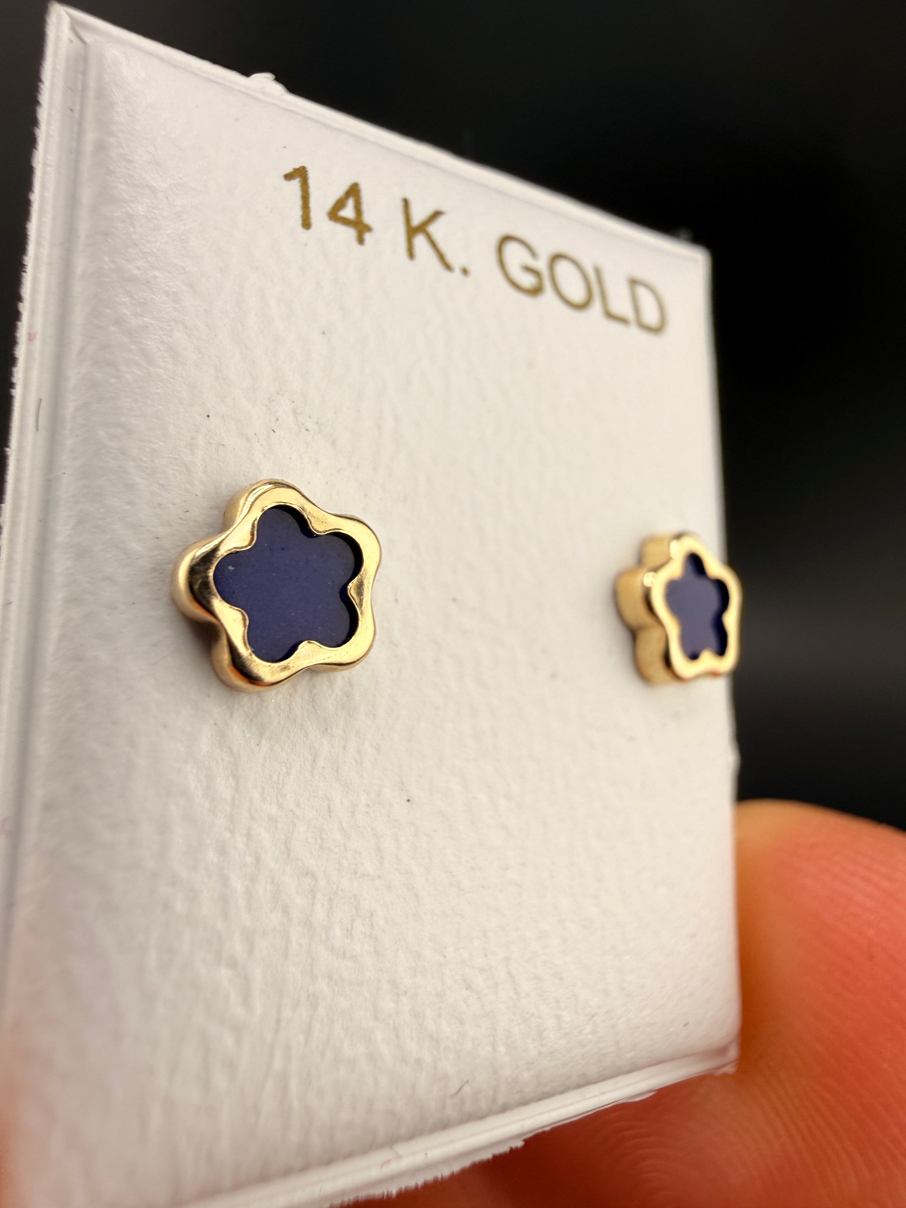 14K Gold Navy Blue Cloverleaf Earrings – Luxury Clover Stud Earrings | Jewelry Connect Wholesale Price