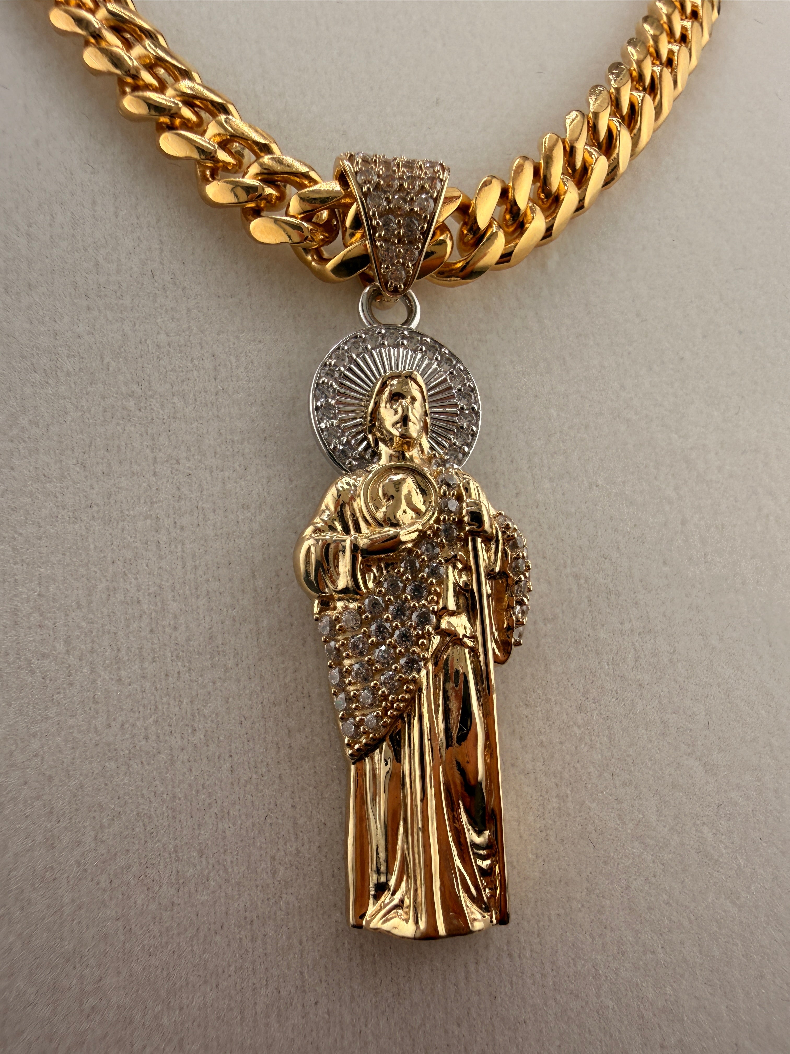 14K Gold Standing Jesus Pendant with CZ Diamonds – Two Tone Gold & White Gold Religious Charm (4.6g)