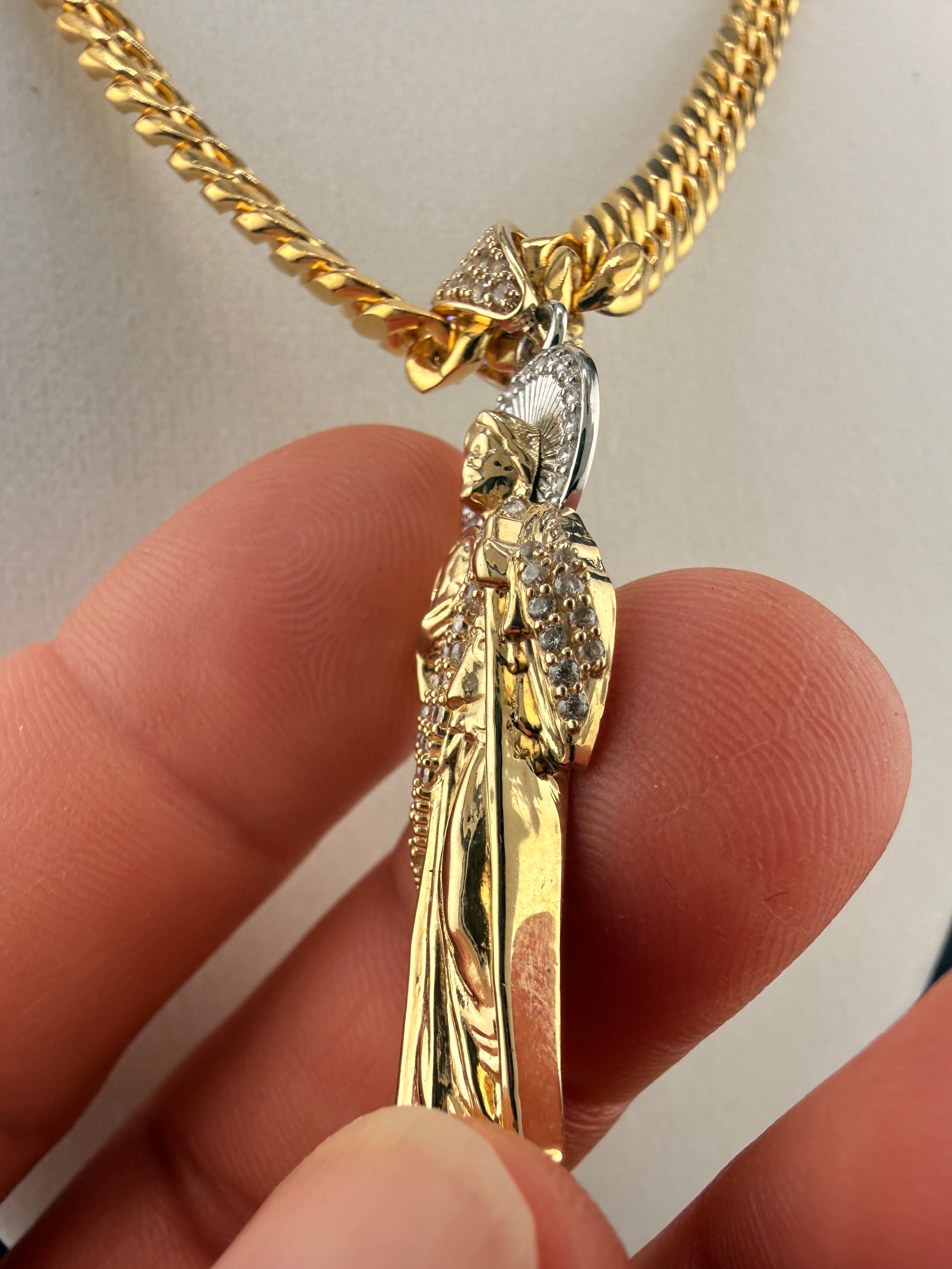 14K Gold Standing Jesus Pendant with CZ Diamonds – Two Tone Gold & White Gold Religious Charm (4.6g)