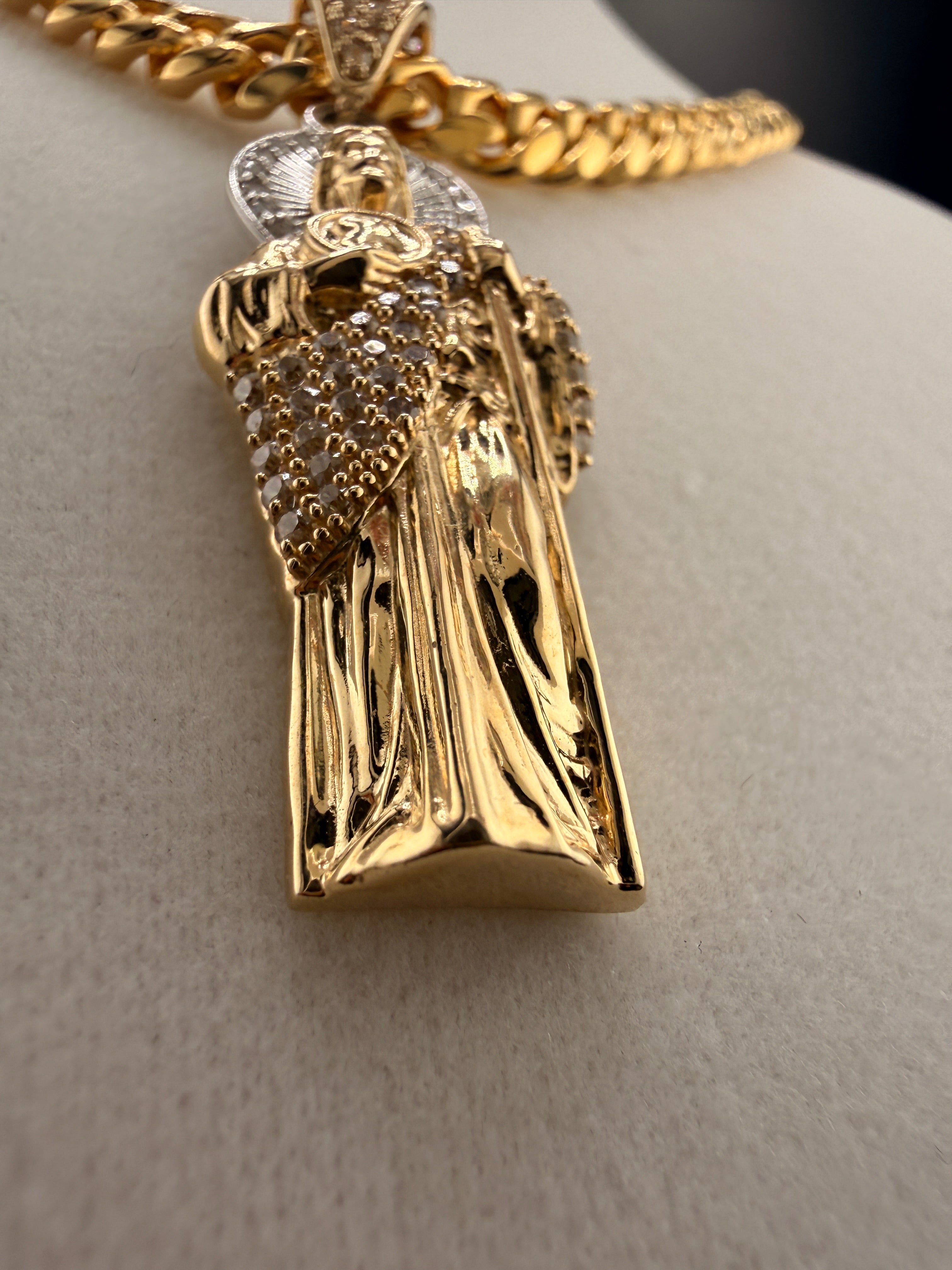 14K Gold Standing Jesus Pendant with CZ Diamonds – Two Tone Gold & White Gold Religious Charm (4.6g)