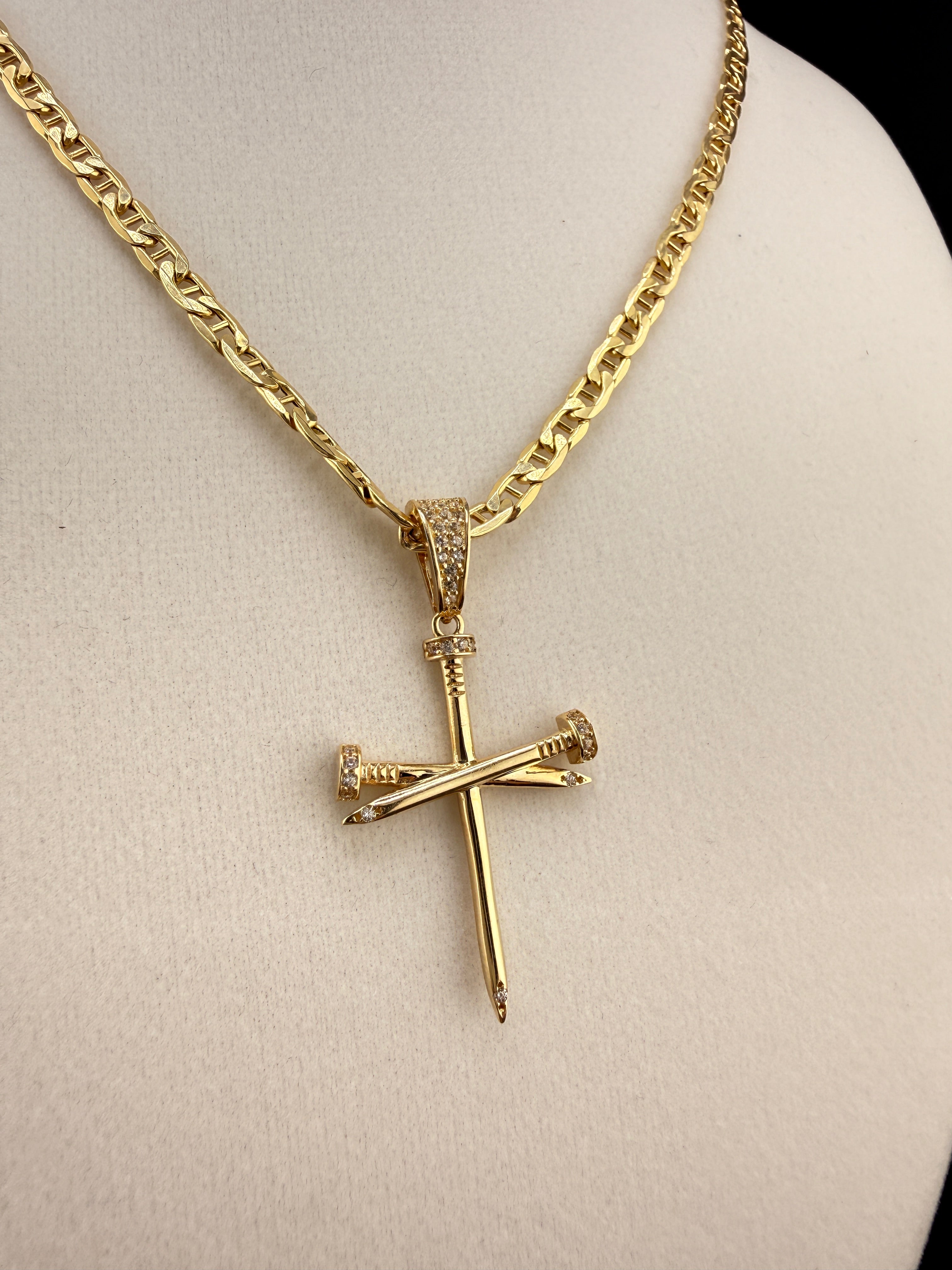 14K Gold Nail Cross Pendant with CZ Diamonds – 2.71g Real Gold Designer Cross |