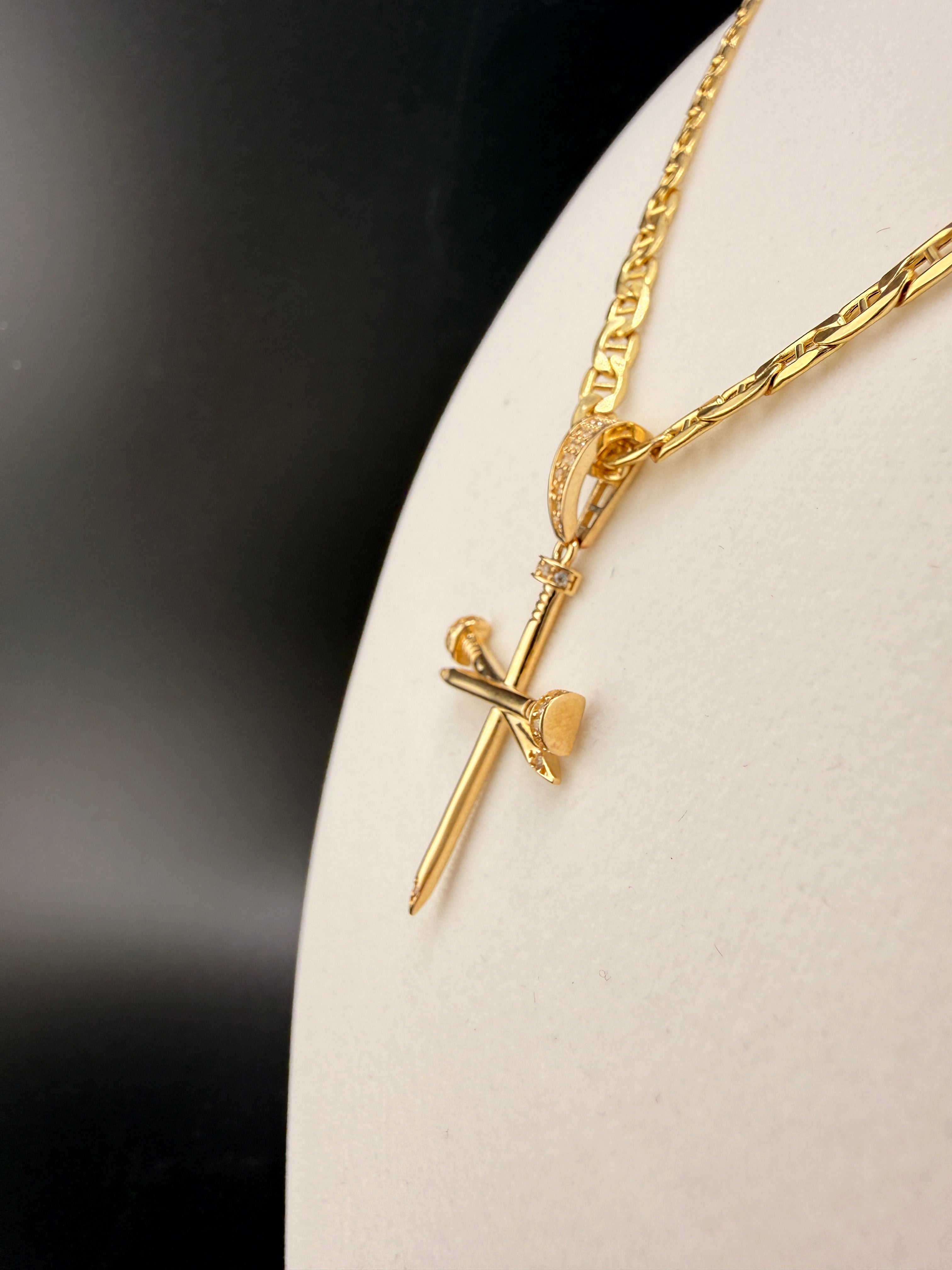 14K Gold Nail Cross Pendant with CZ Diamonds – 2.71g Real Gold Designer Cross |