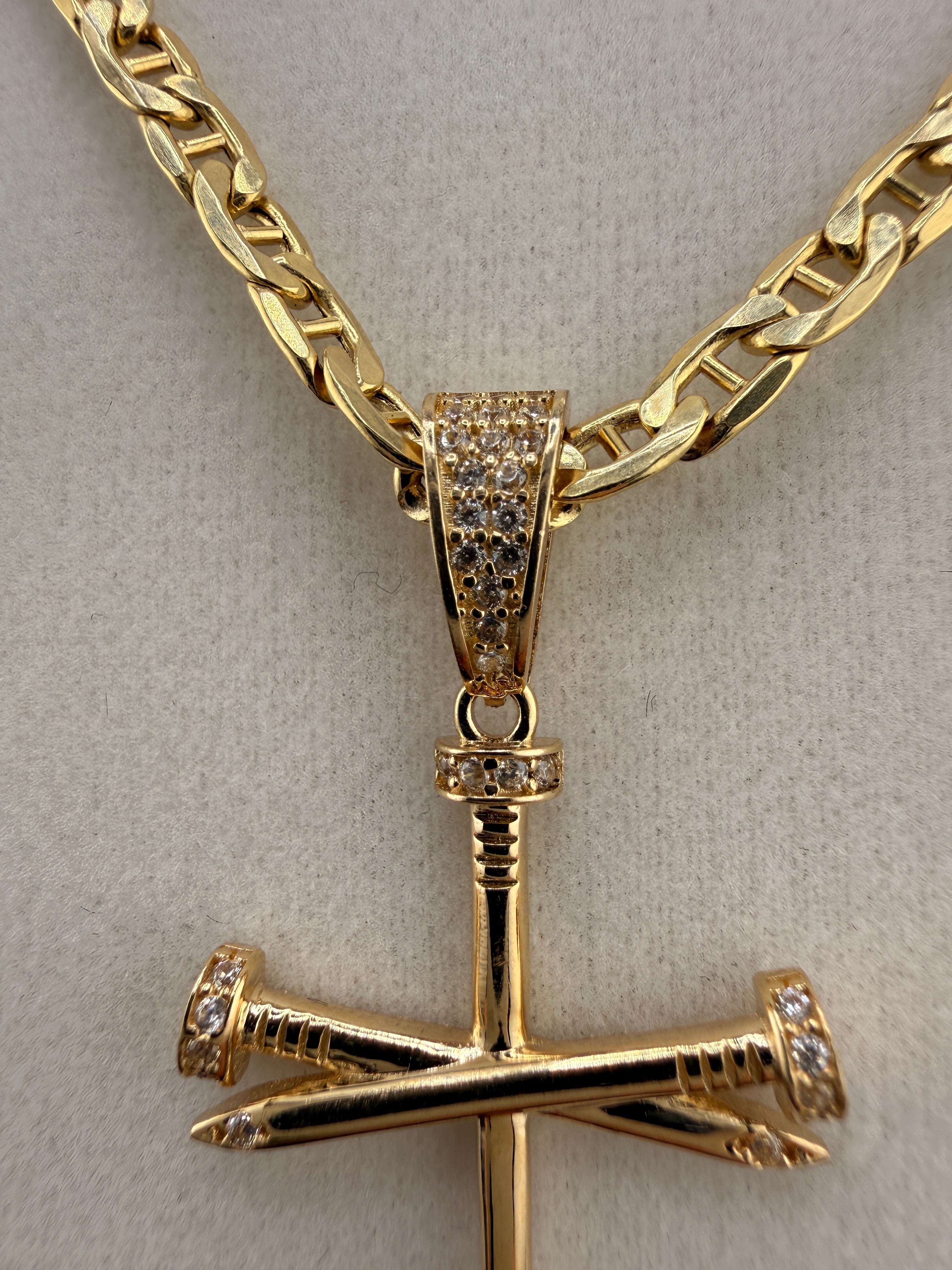 14K Gold Nail Cross Pendant with CZ Diamonds – 2.71g Real Gold Designer Cross |
