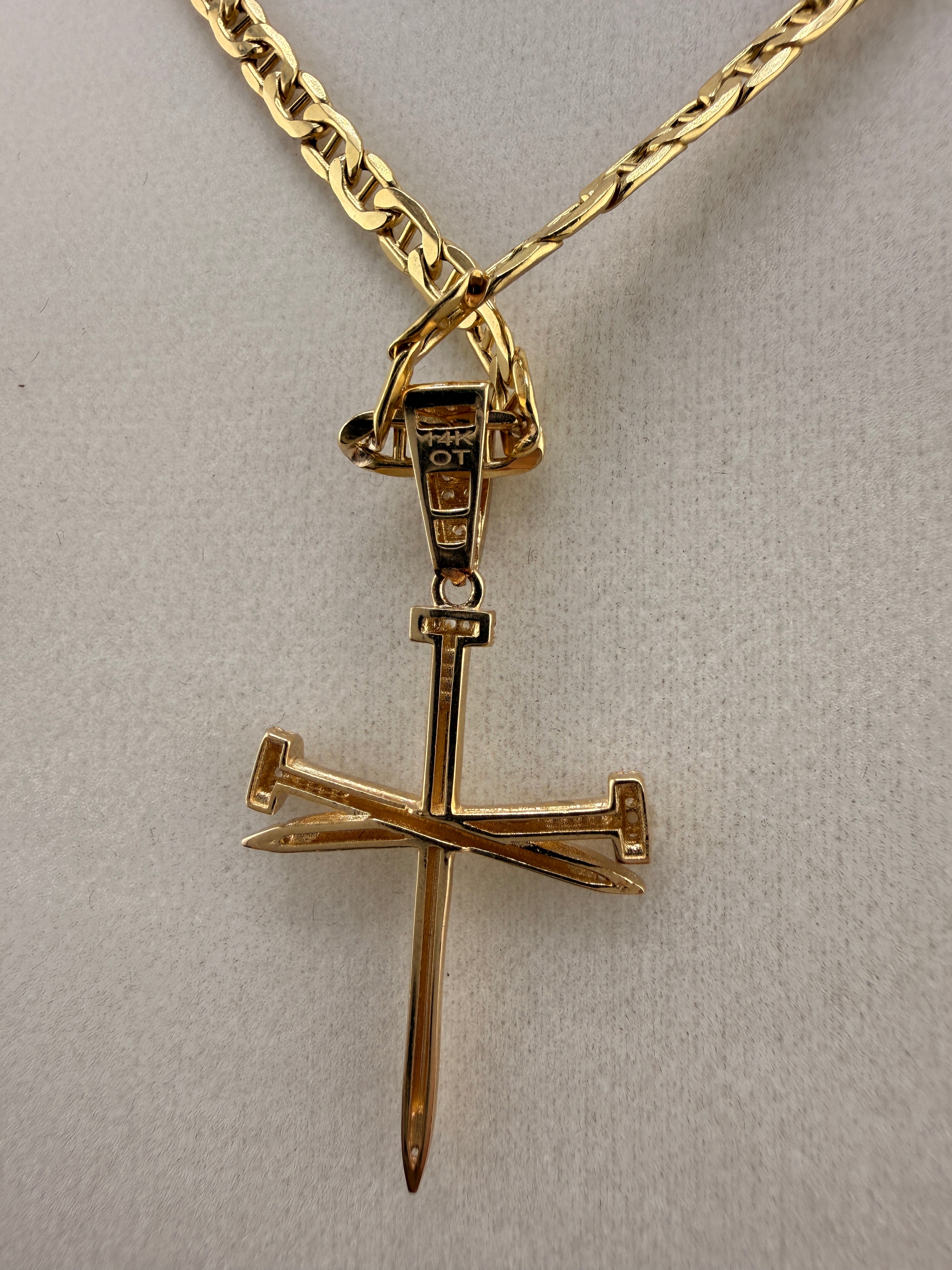 14K Gold Nail Cross Pendant with CZ Diamonds – 2.71g Real Gold Designer Cross |