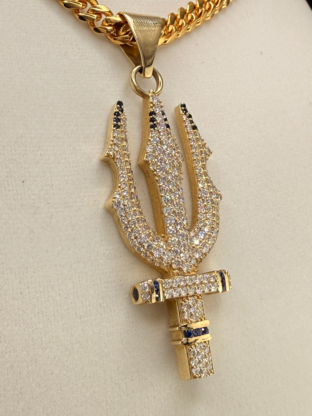 Trident Diamond & Sapphire Pendant – 14K Gold Custom One-of-One (4.42 CT LG Diamonds)