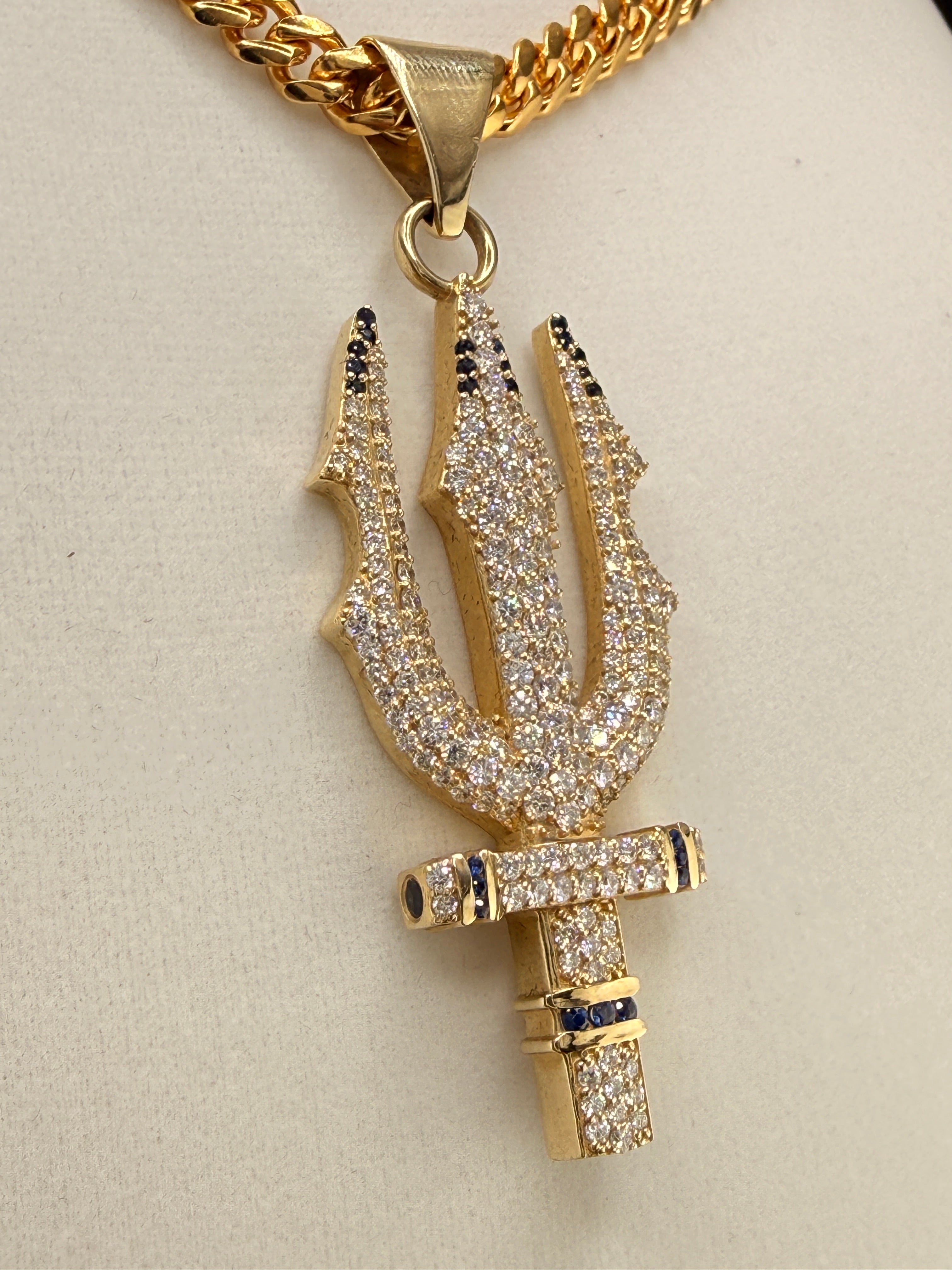 Trident Diamond & Sapphire Pendant – 14K Gold Custom One-of-One (4.42 CT LG Diamonds)