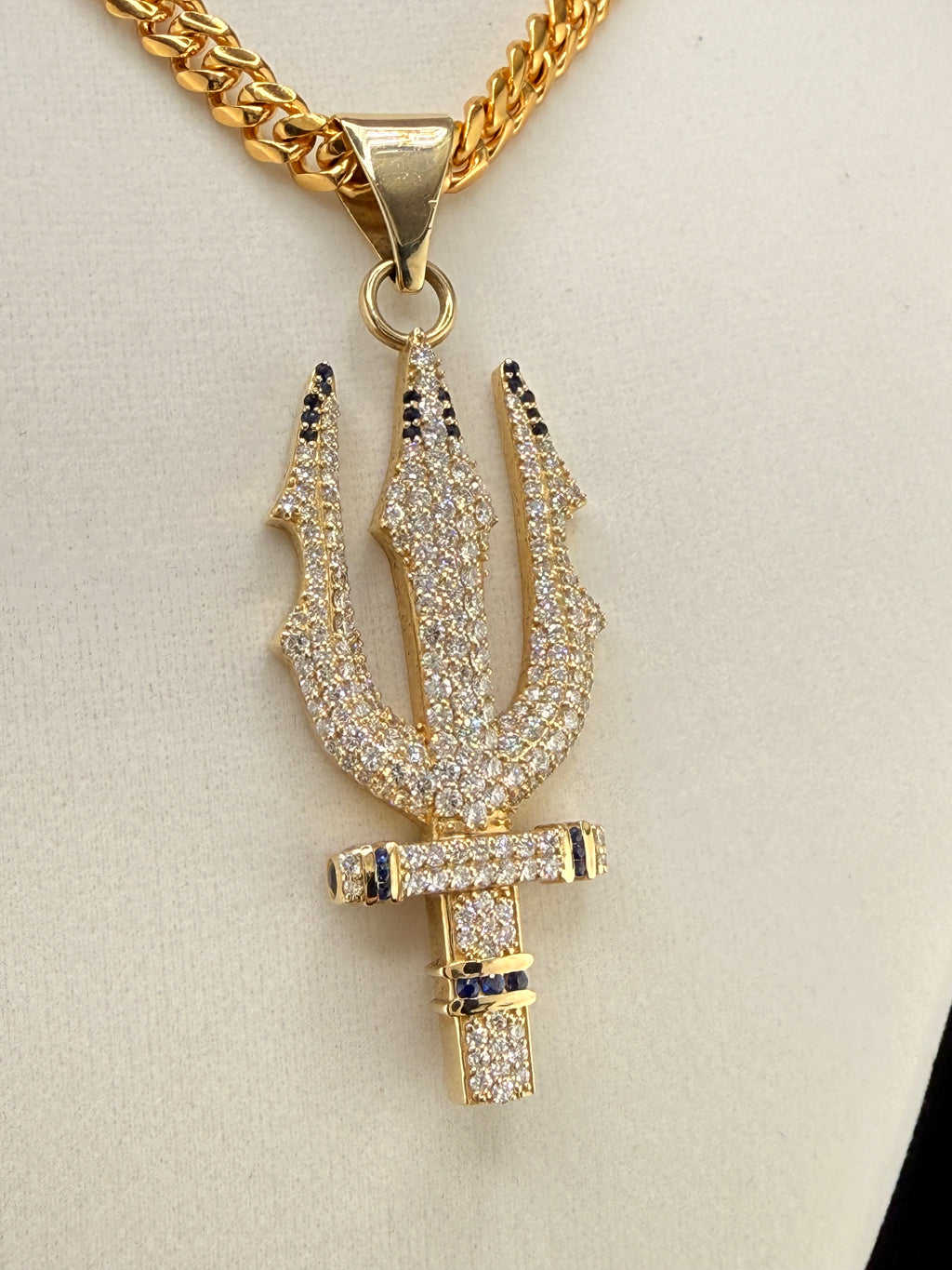 Trident Diamond & Sapphire Pendant – 14K Gold Custom One-of-One (4.42 CT LG Diamonds)