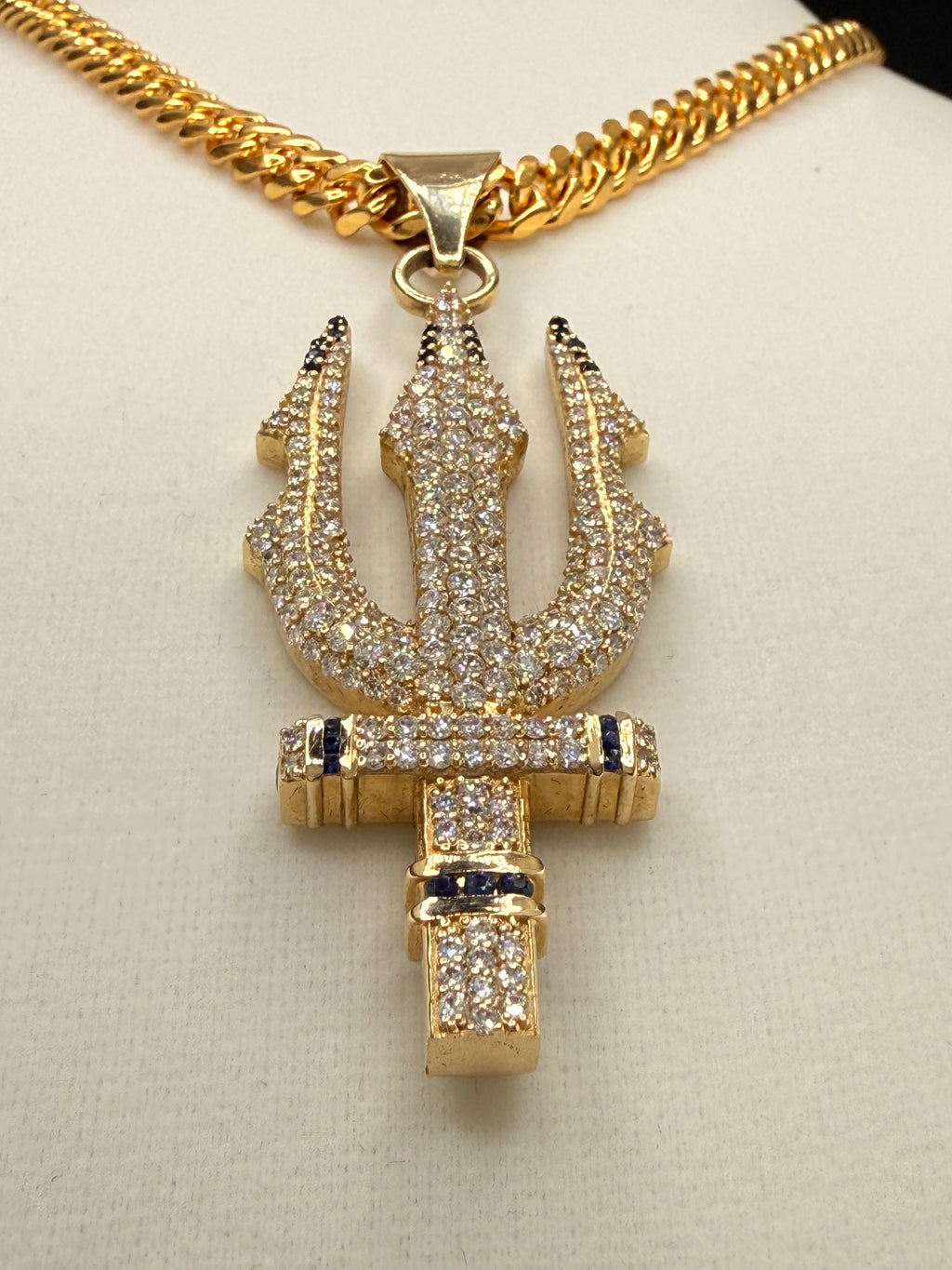 Trident Diamond & Sapphire Pendant – 14K Gold Custom One-of-One (4.42 CT LG Diamonds)