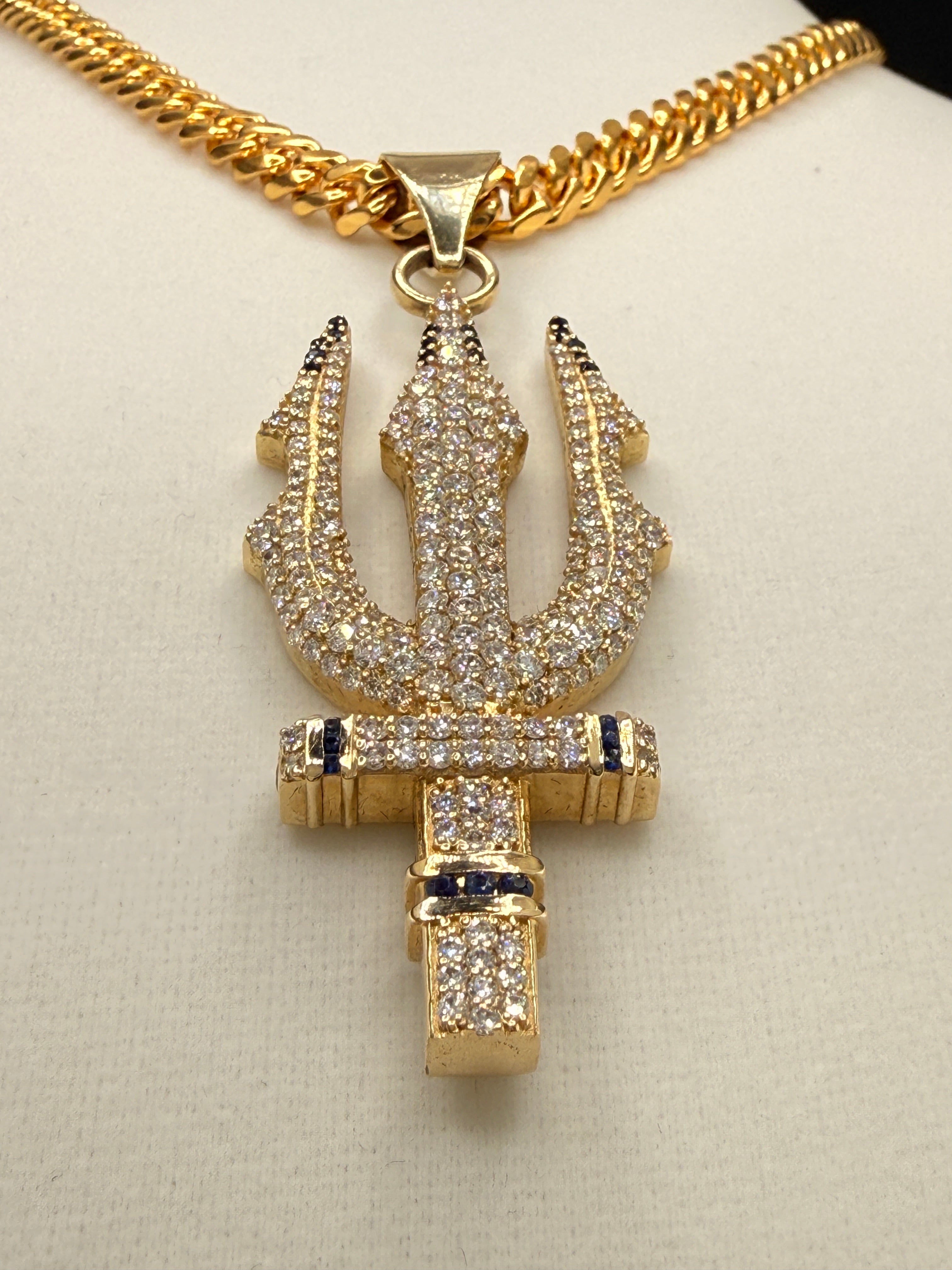 Trident Diamond & Sapphire Pendant – 14K Gold Custom One-of-One (4.42 CT LG Diamonds)