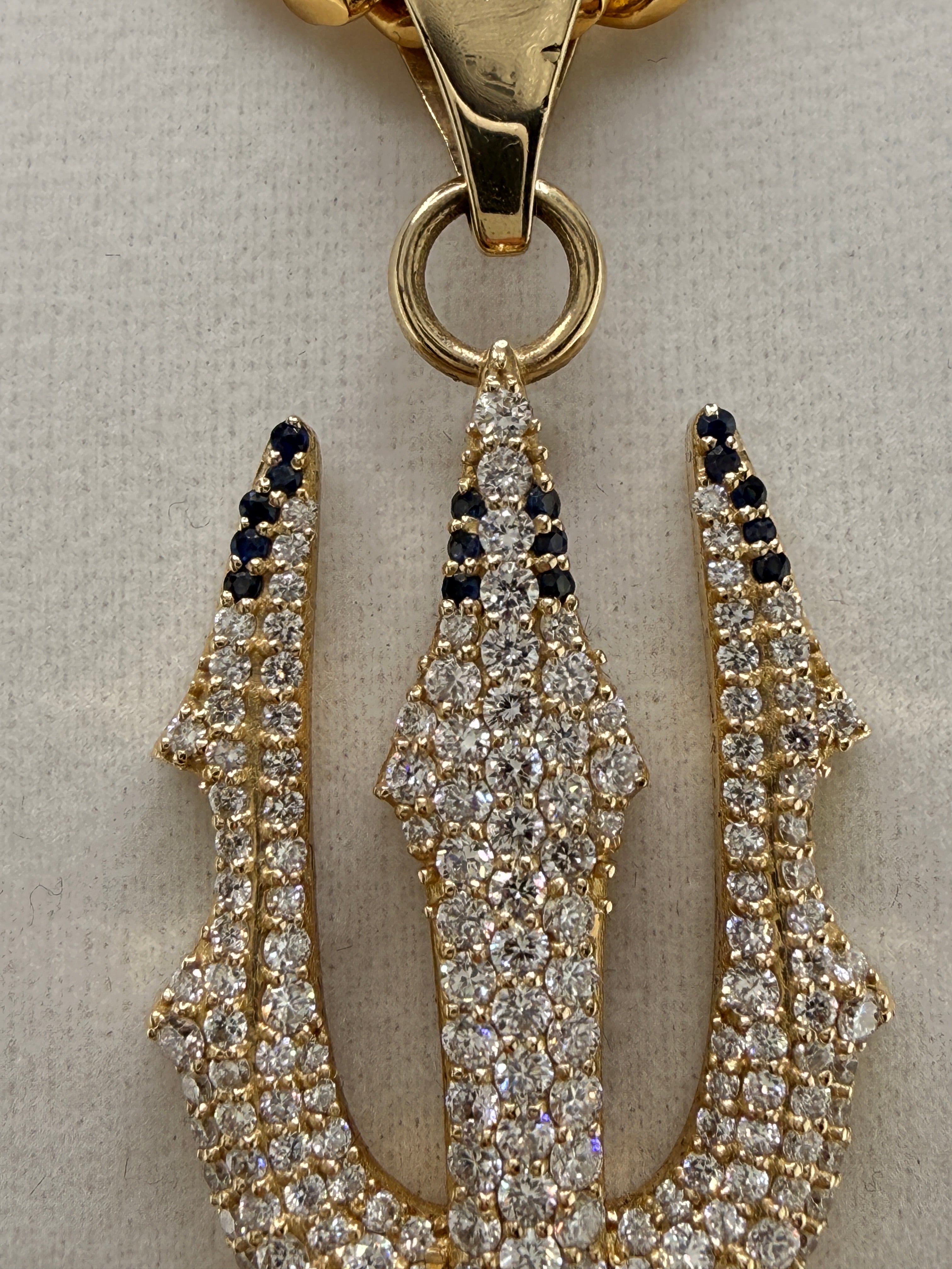 Trident Diamond & Sapphire Pendant – 14K Gold Custom One-of-One (4.42 CT LG Diamonds)