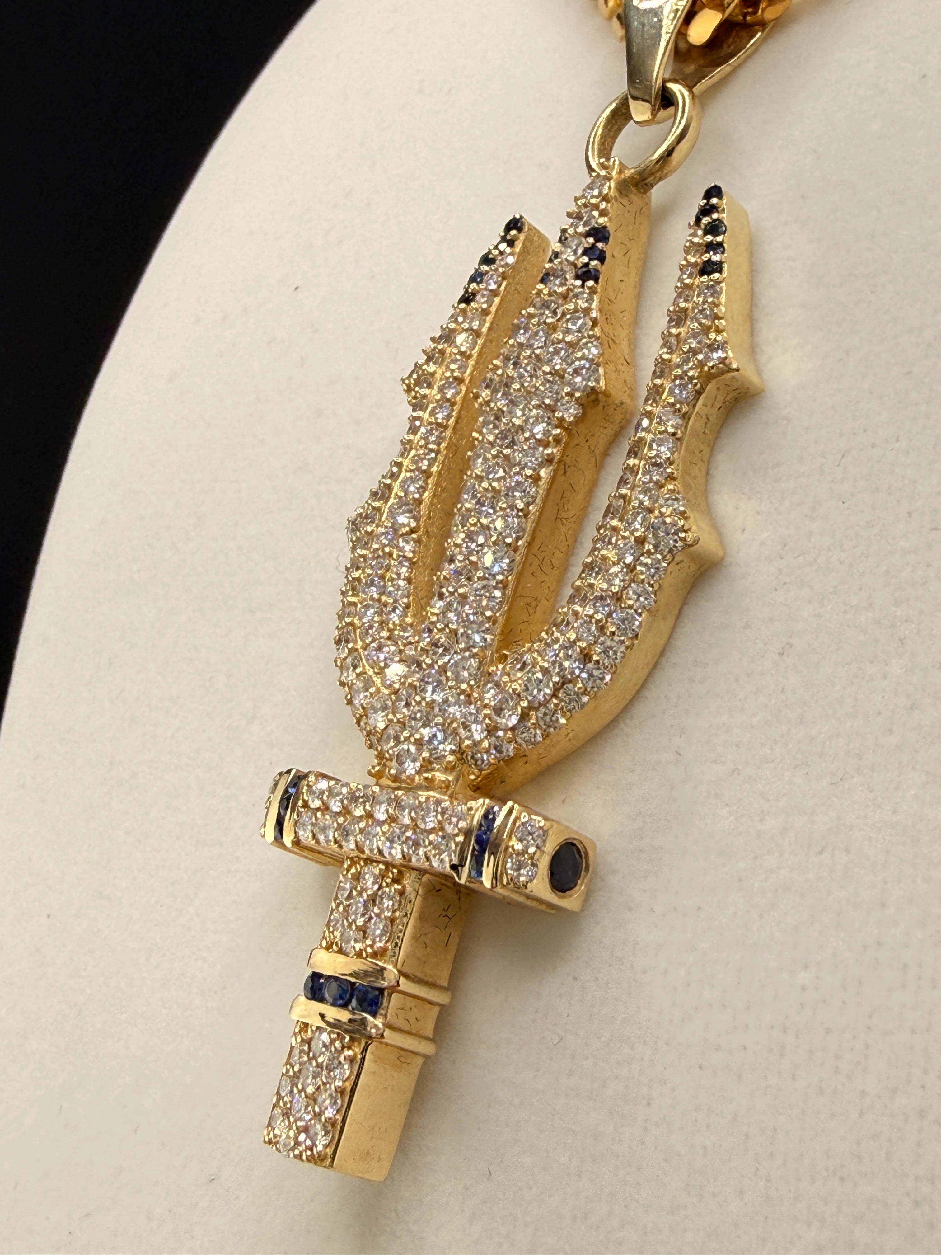 Trident Diamond & Sapphire Pendant – 14K Gold Custom One-of-One (4.42 CT LG Diamonds)