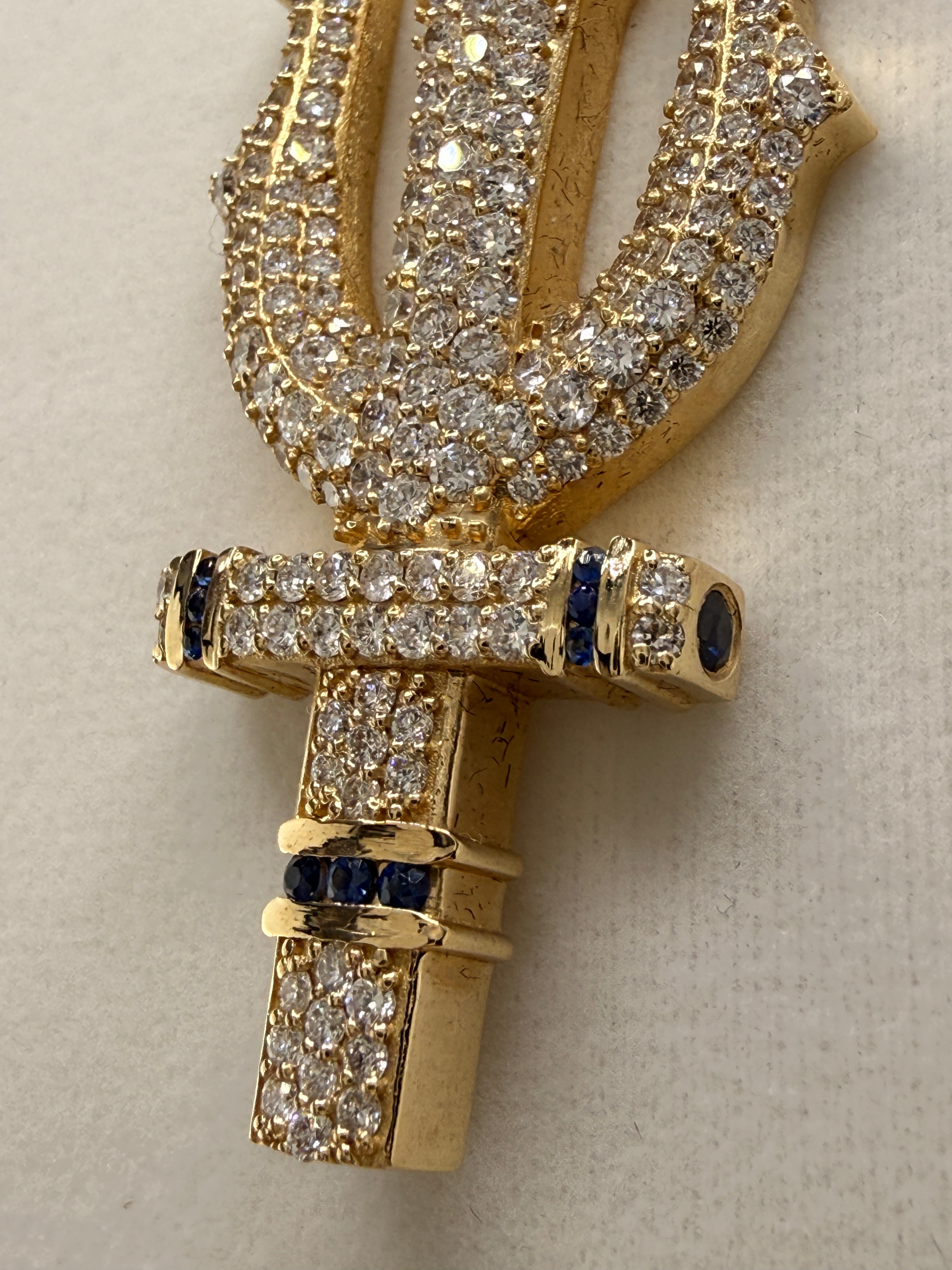 Trident Diamond & Sapphire Pendant – 14K Gold Custom One-of-One (4.42 CT LG Diamonds)