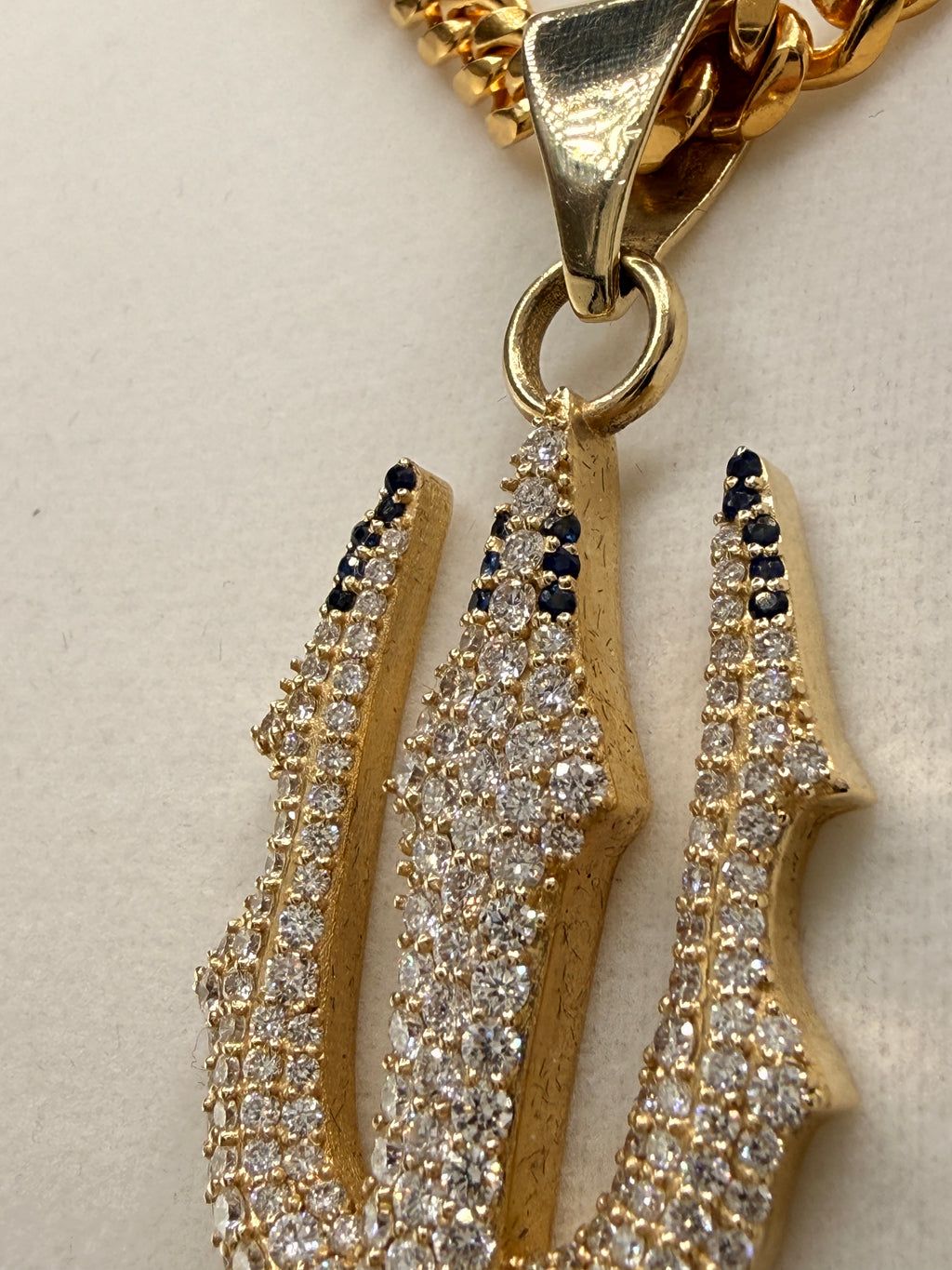 Trident Diamond & Sapphire Pendant – 14K Gold Custom One-of-One (4.42 CT LG Diamonds)