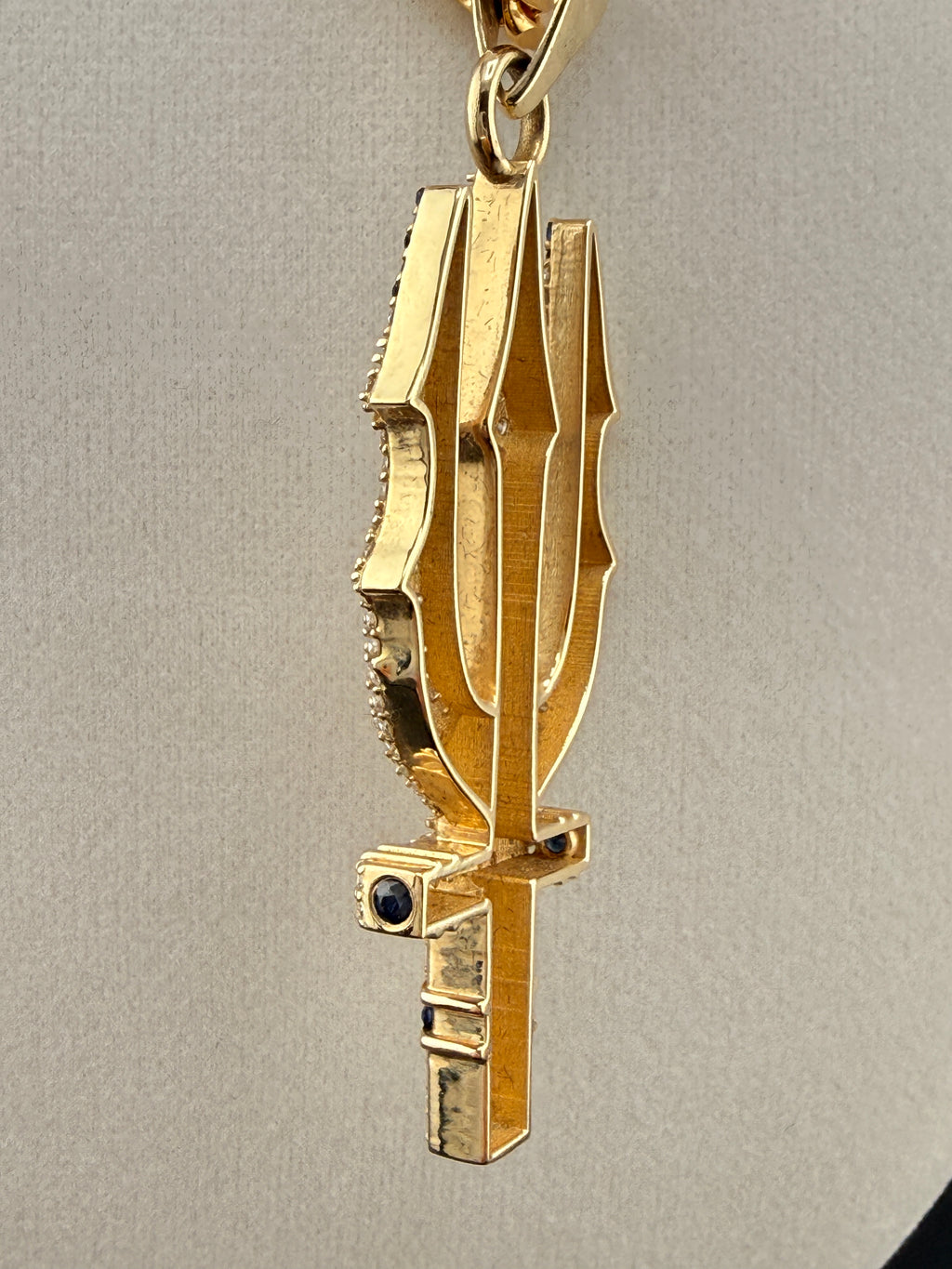 Trident Diamond & Sapphire Pendant – 14K Gold Custom One-of-One (4.42 CT LG Diamonds)