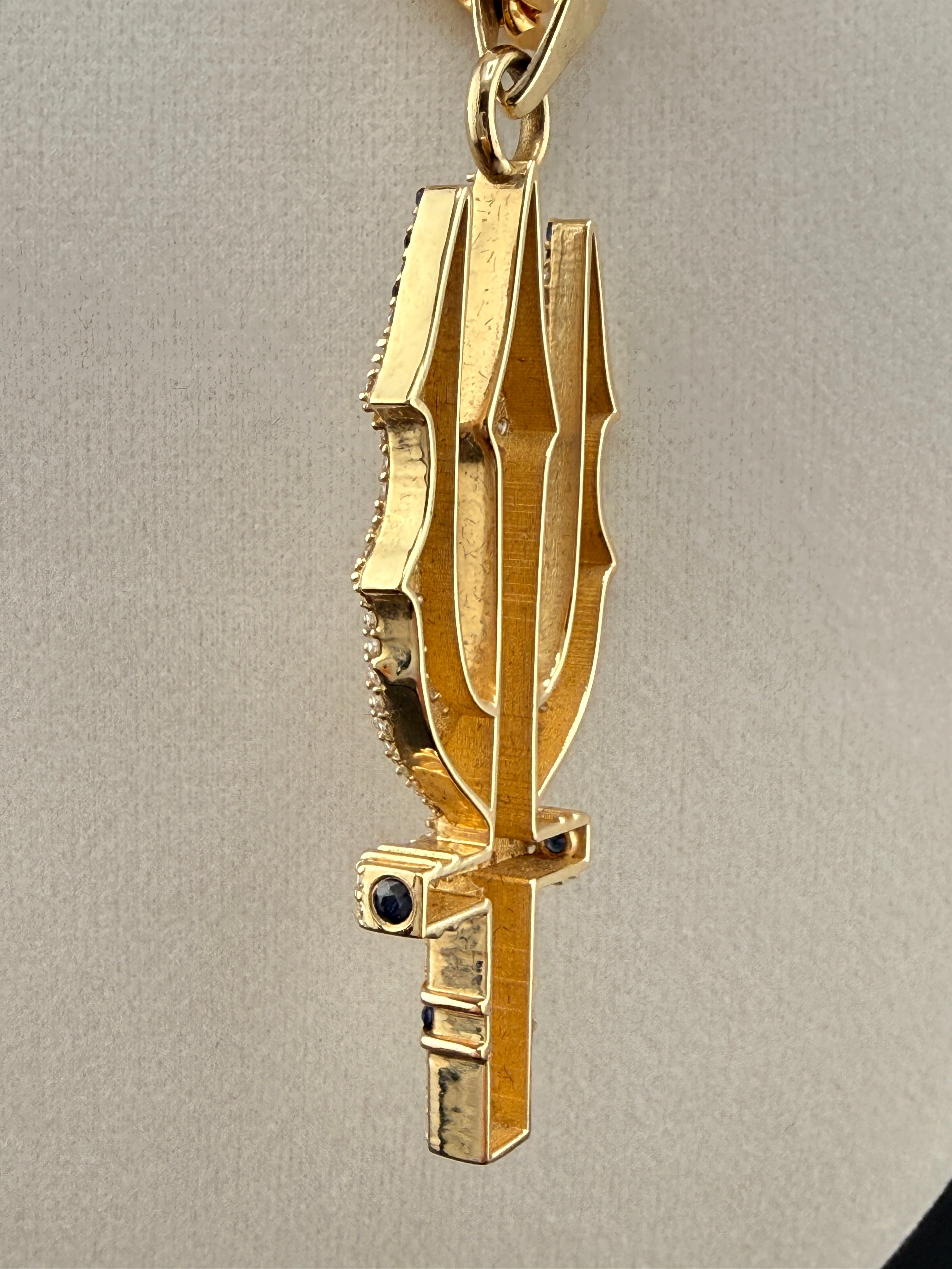 Trident Diamond & Sapphire Pendant – 14K Gold Custom One-of-One (4.42 CT LG Diamonds)