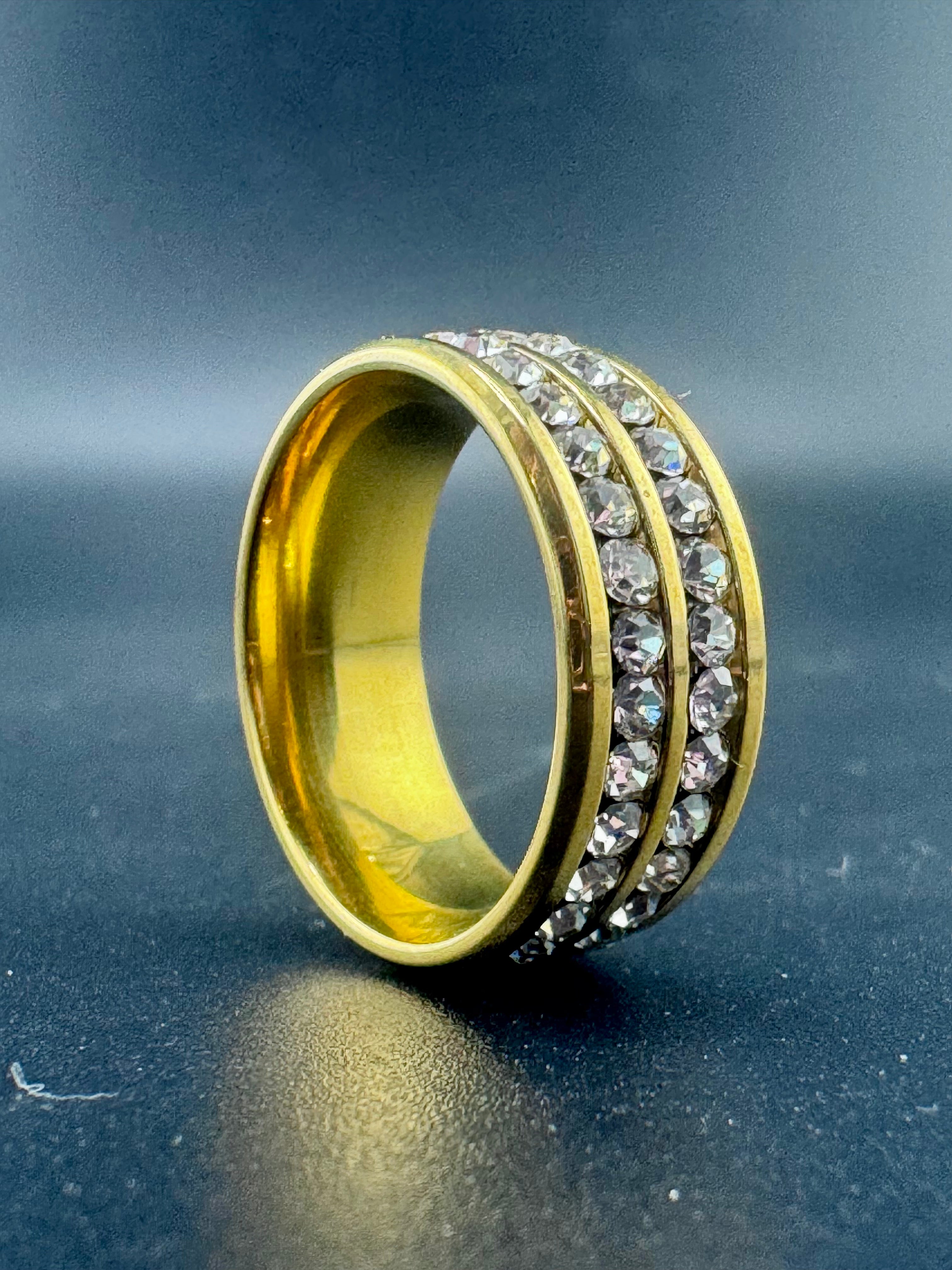 Gold Plated Stainless Steel 2-Row CZ Diamond Band – 8mm, Size 6.5