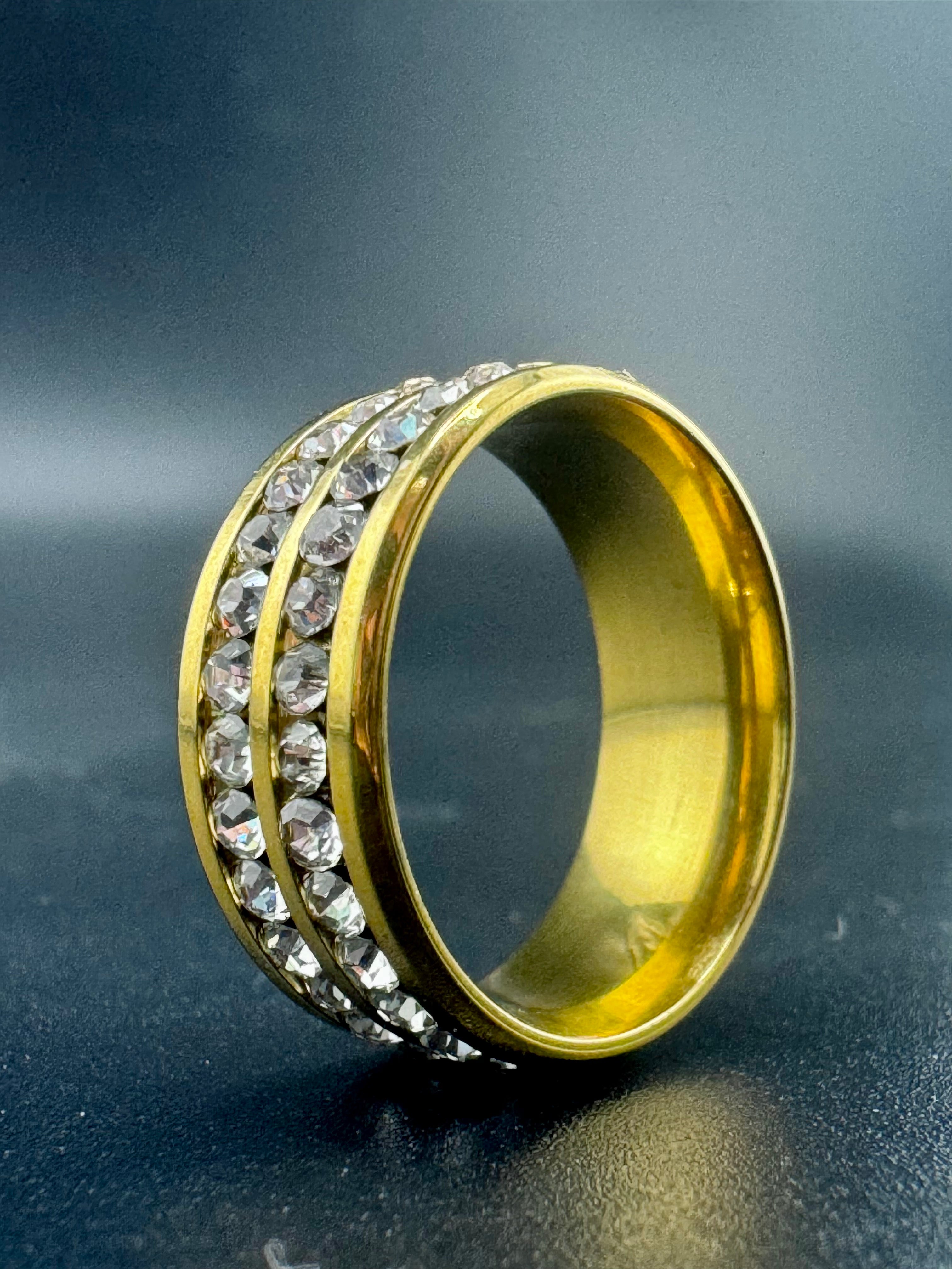 Gold Plated Stainless Steel 2-Row CZ Diamond Band – 8mm, Size 6.5
