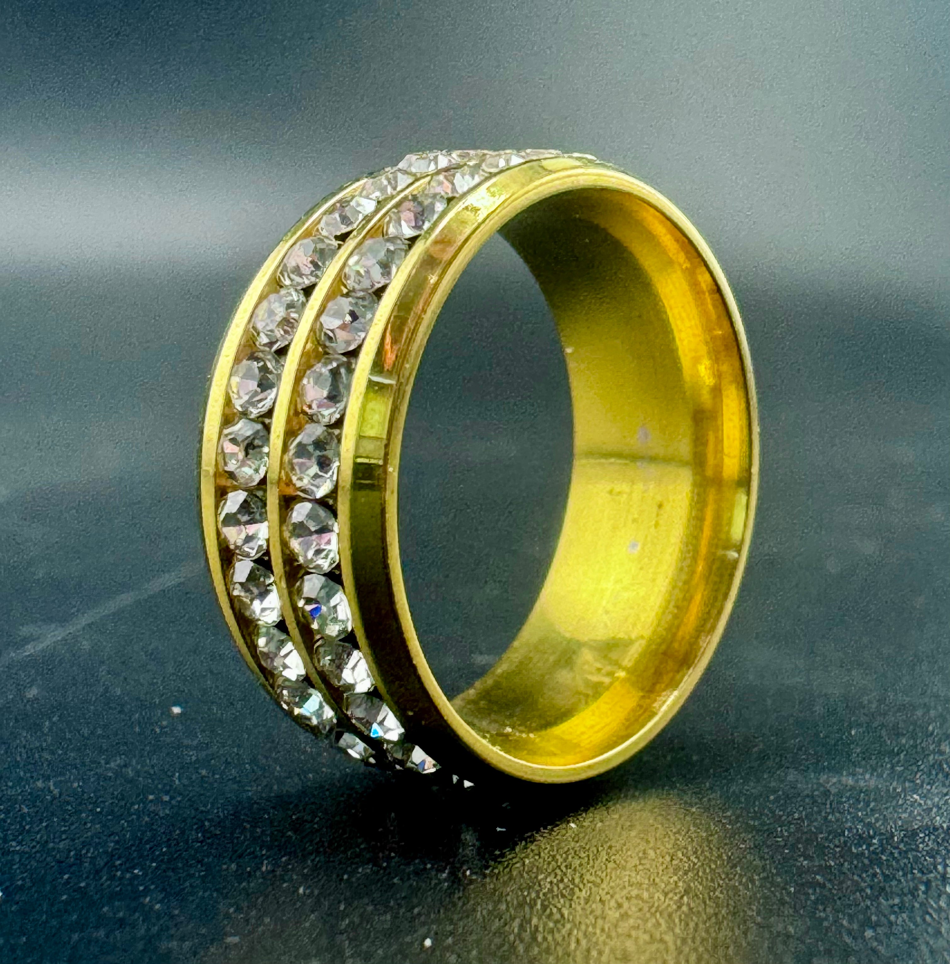 Gold Plated Stainless Steel 2-Row CZ Diamond Band – 8mm, Size 11.5