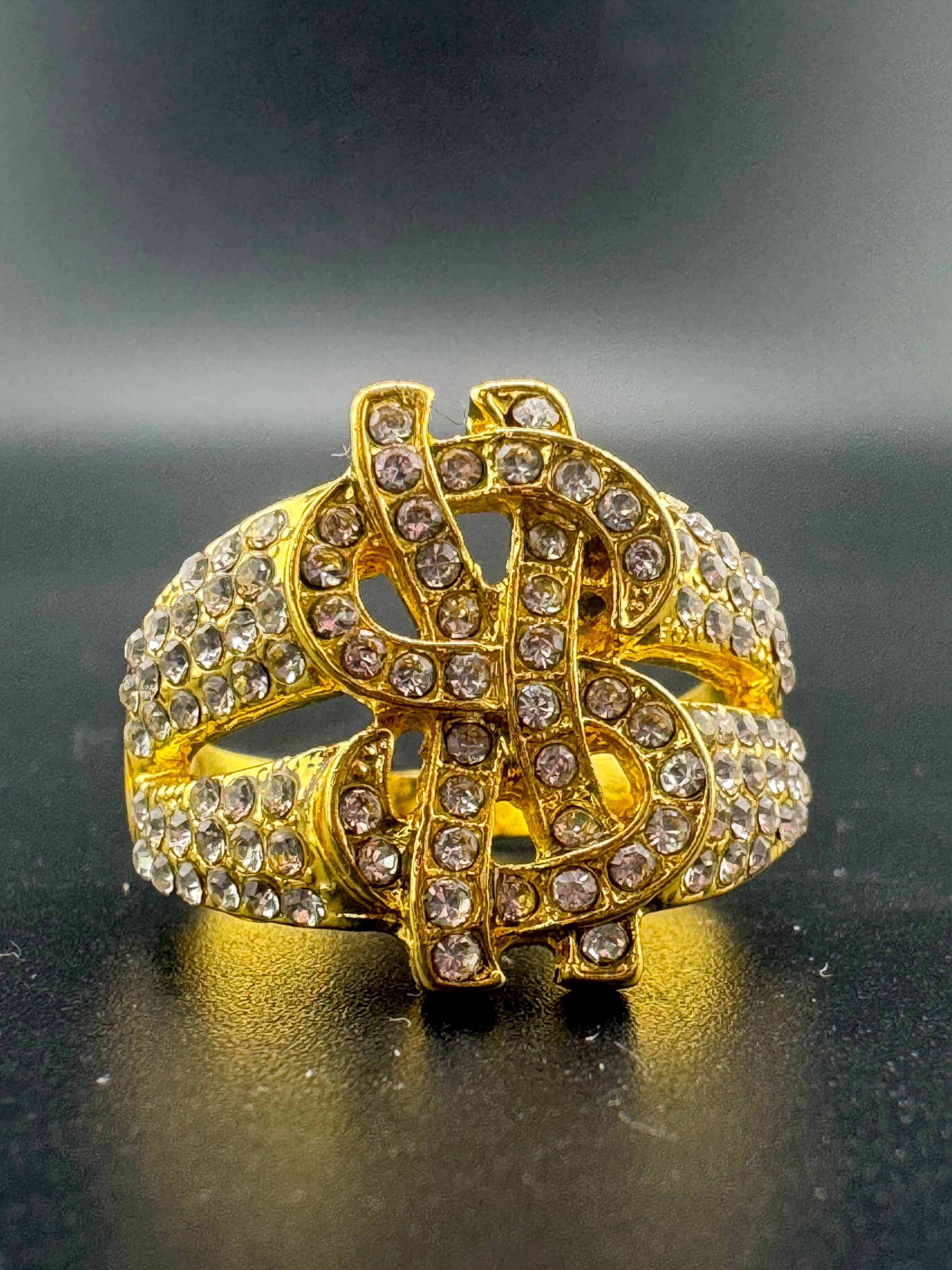 Gold Plated Stainless Steel CZ Dollar Sign Ring – Size 9.25, 7 Grams