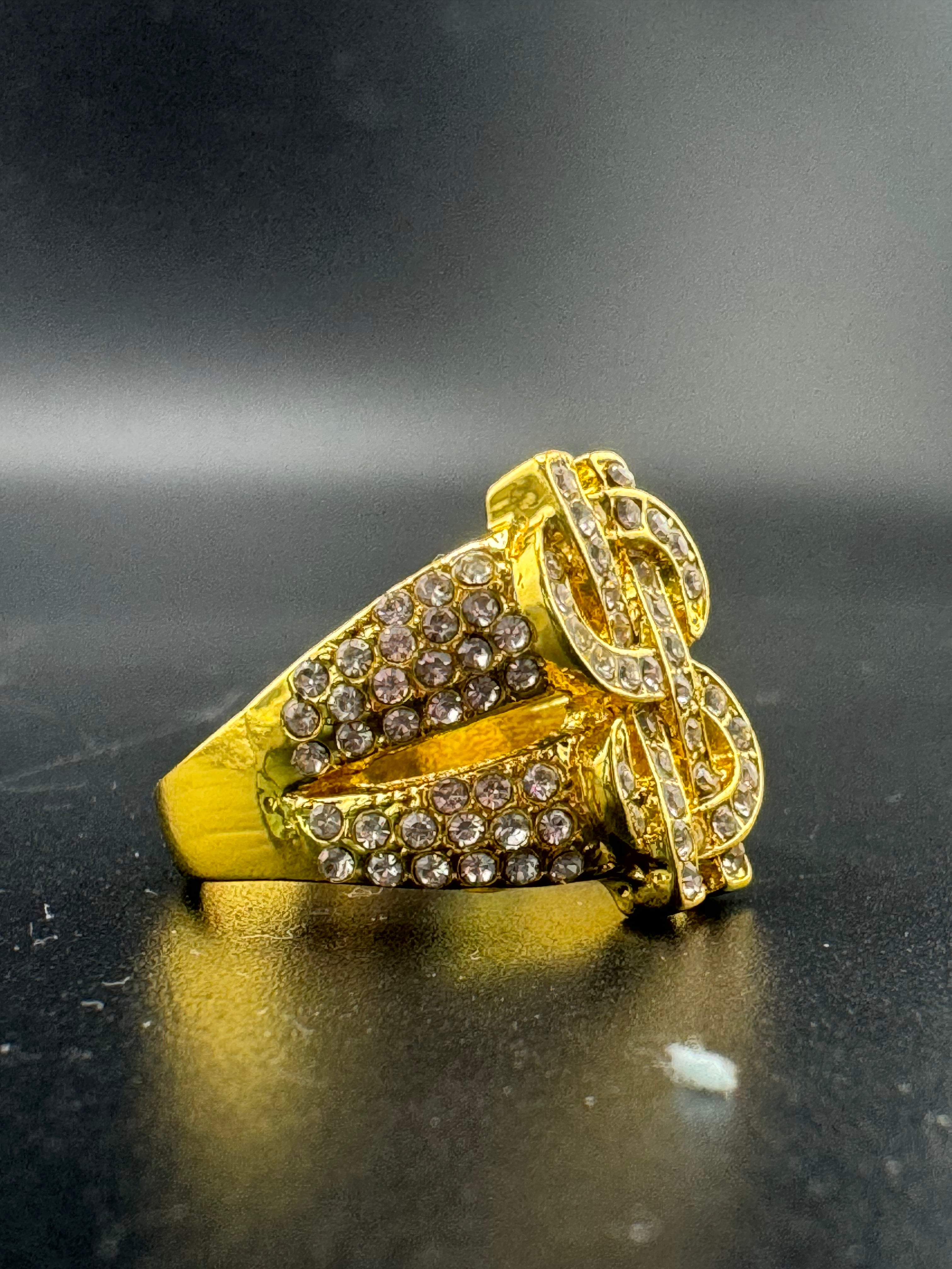 Gold Plated Stainless Steel CZ Dollar Sign Ring – Size 9.25, 7 Grams