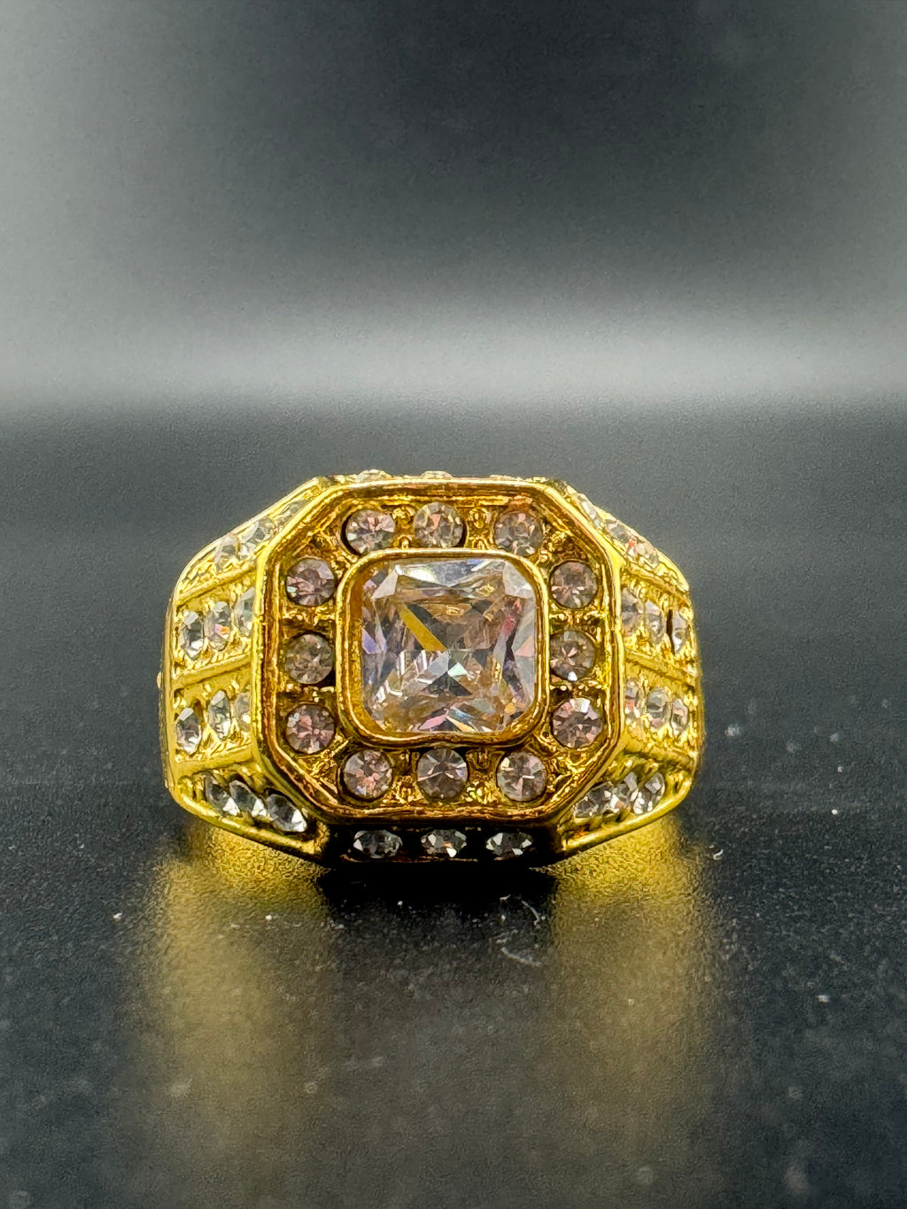 Gold Plated Stainless Steel CZ Square Ring – Size 11, 6.93 Grams