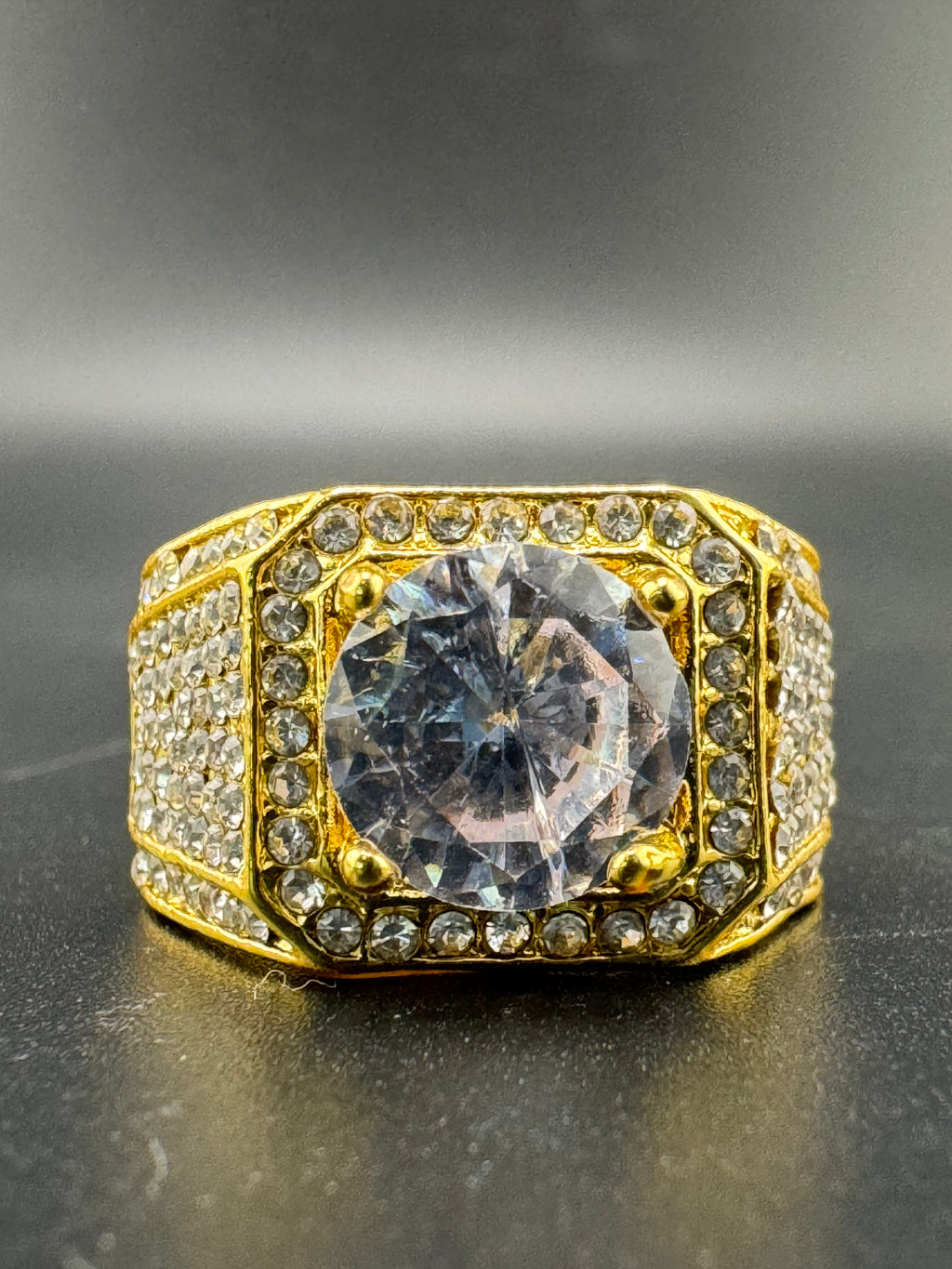Gold Plated Stainless Steel CZ Diamond Ring – 3.5 Carat Center Stone, Size 11.25