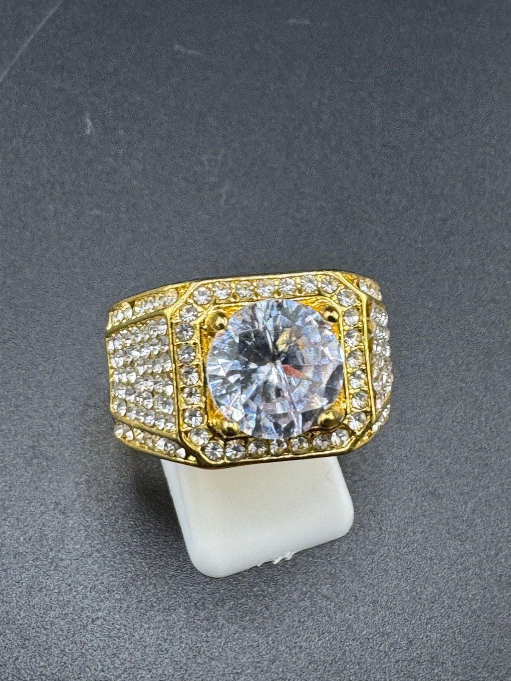 Gold Plated Stainless Steel CZ Diamond Ring – 3.5 Carat Center Stone, Size 10