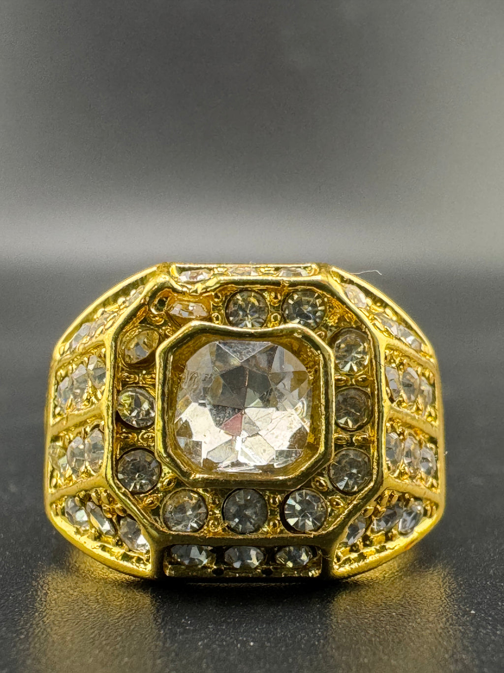 Gold Plated Diamond Cut CZ Round Ring – 16mm Wide, Size 11.5