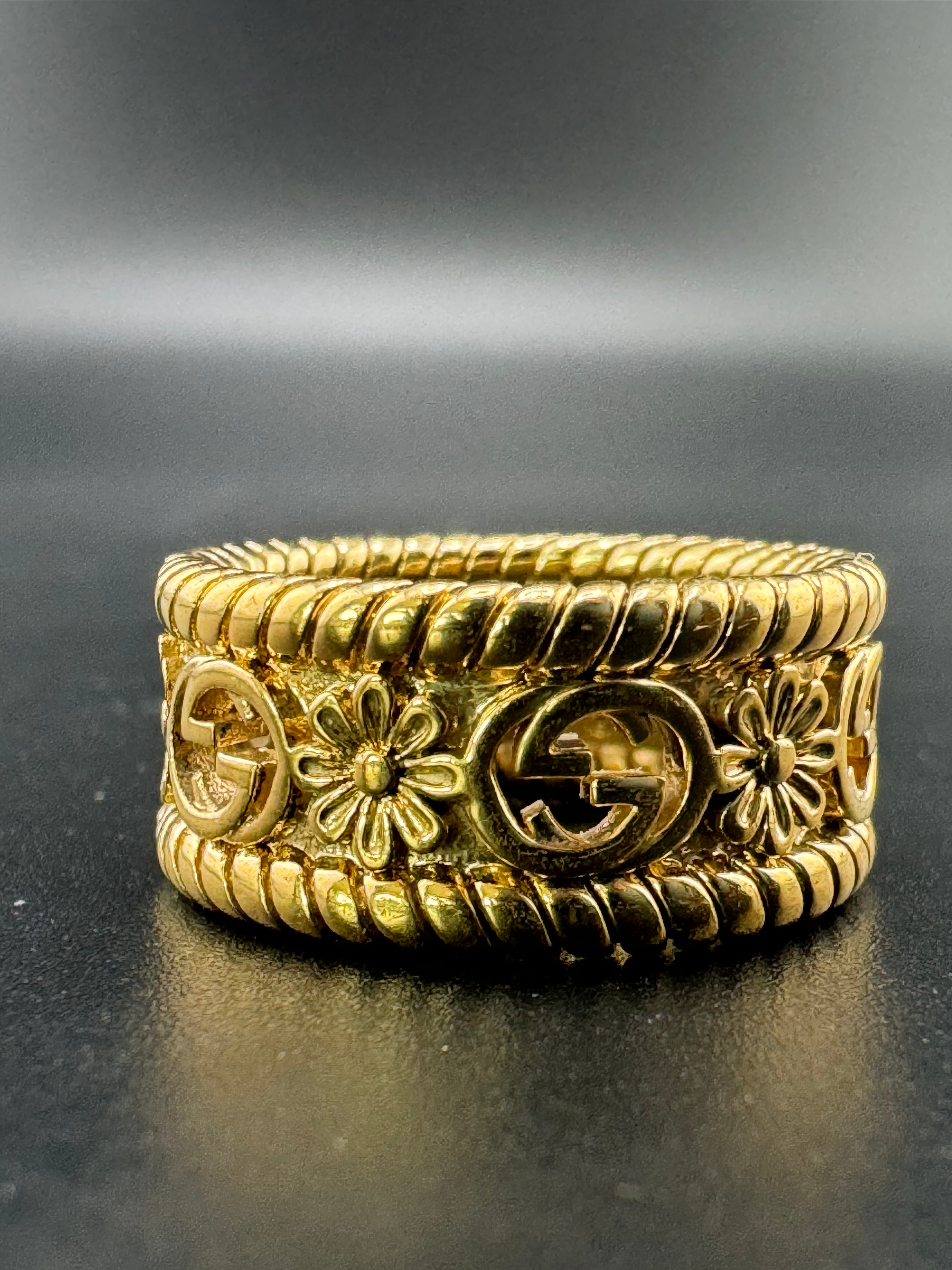 Gold Plated Sterling Silver Gucci Flower Symbol Women's Ring – Size 6, 7 Grams