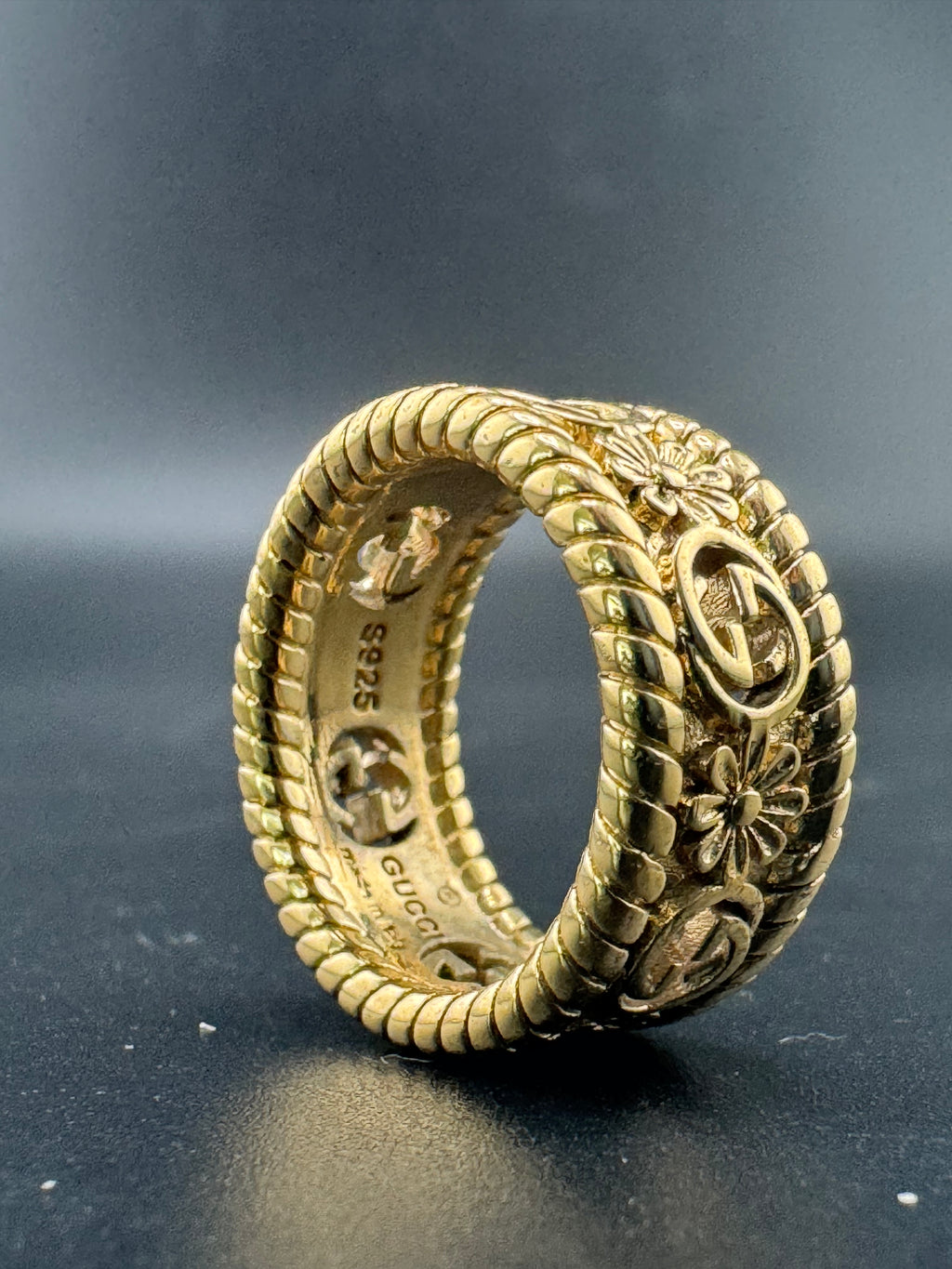 Gold Plated Sterling Silver Gucci Flower Symbol Women's Ring – Size 6, 7 Grams