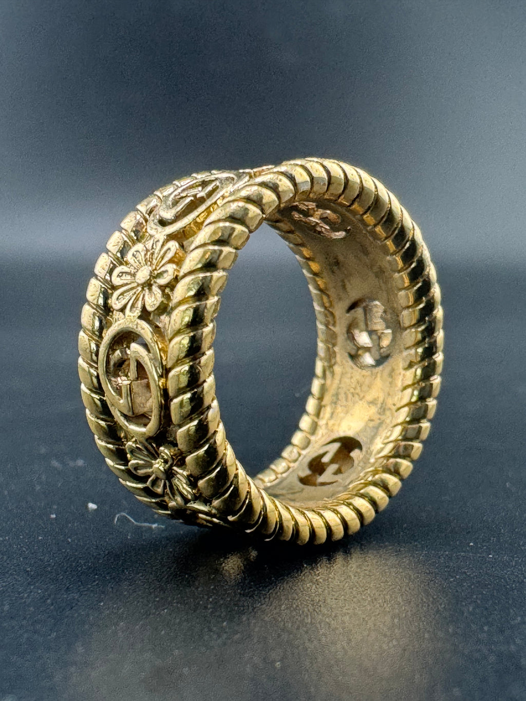 Gold Plated Sterling Silver Gucci Flower Symbol Women's Ring – Size 6, 7 Grams