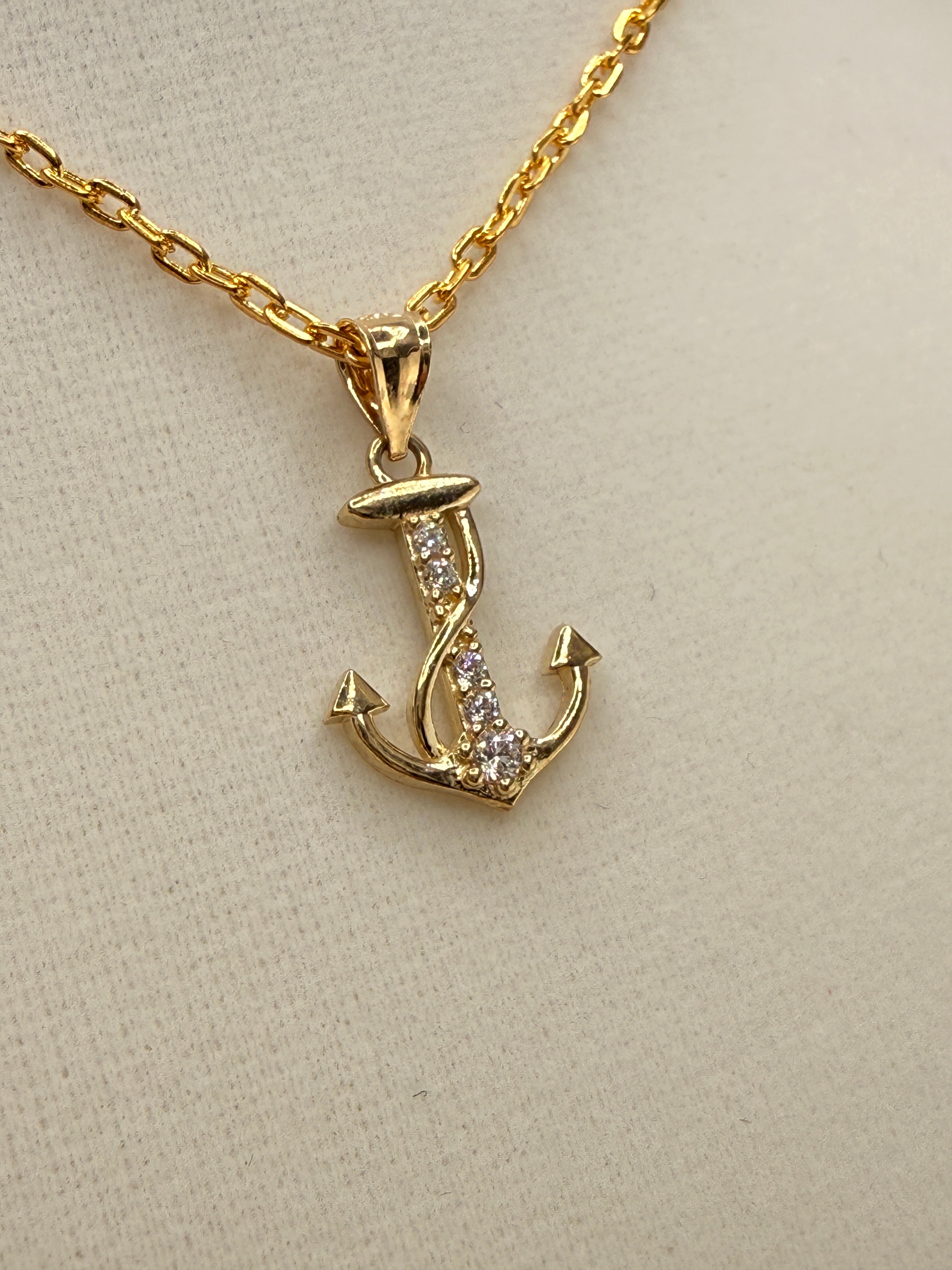 14K CZ Diamond Anchor Pendant