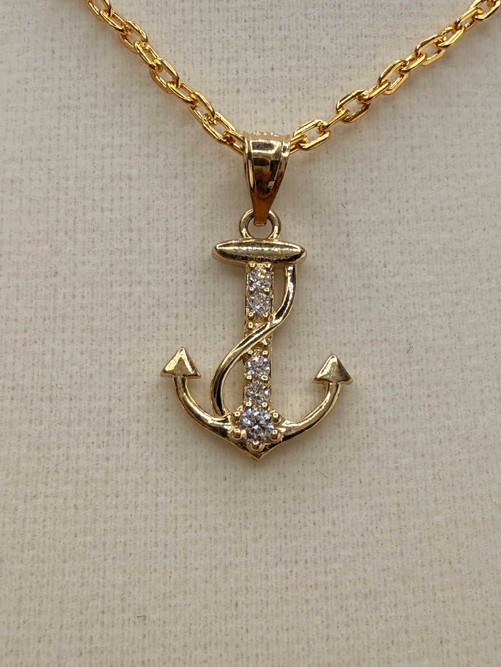 14K CZ Diamond Anchor Pendant