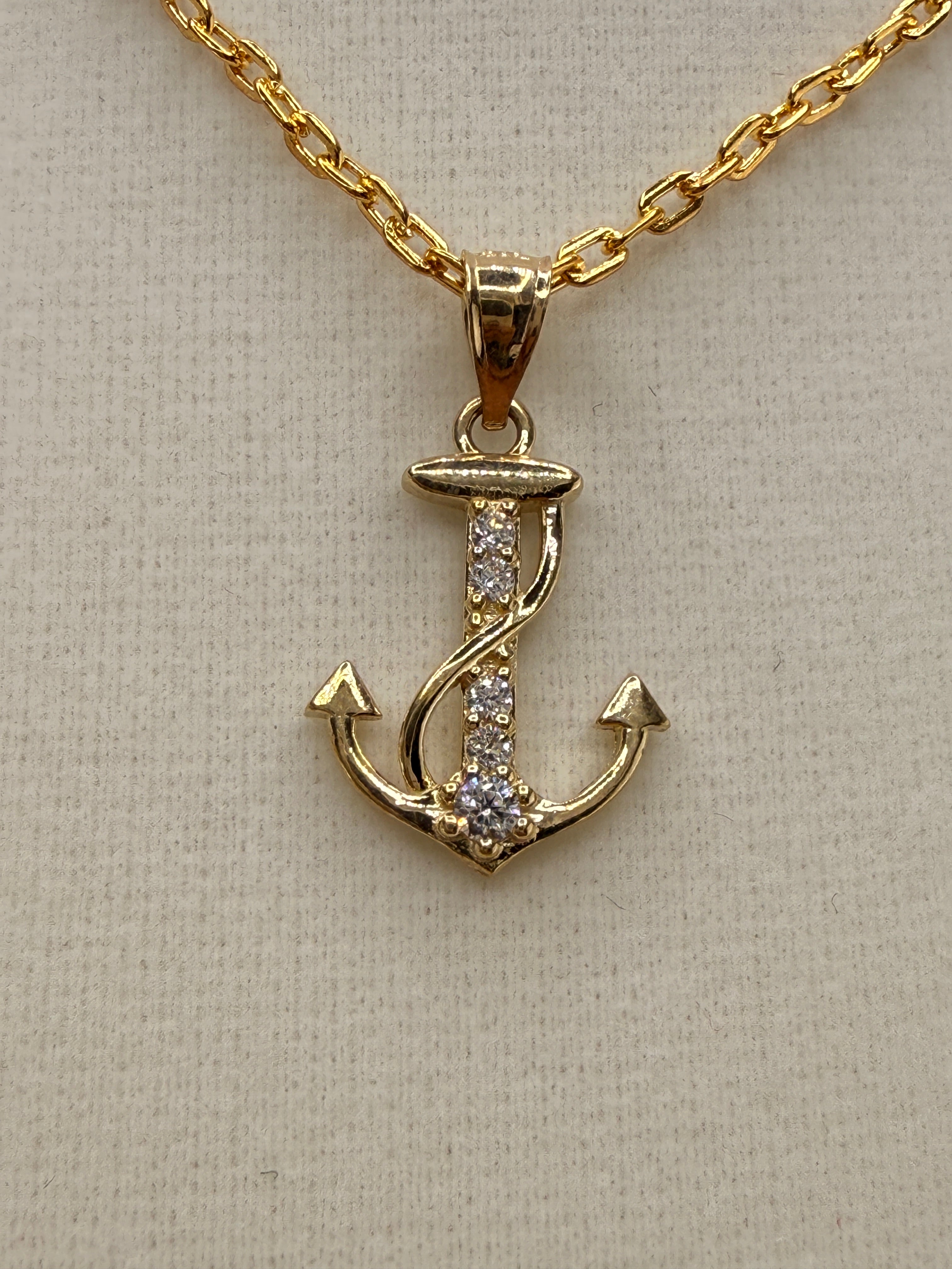 14K CZ Diamond Anchor Pendant