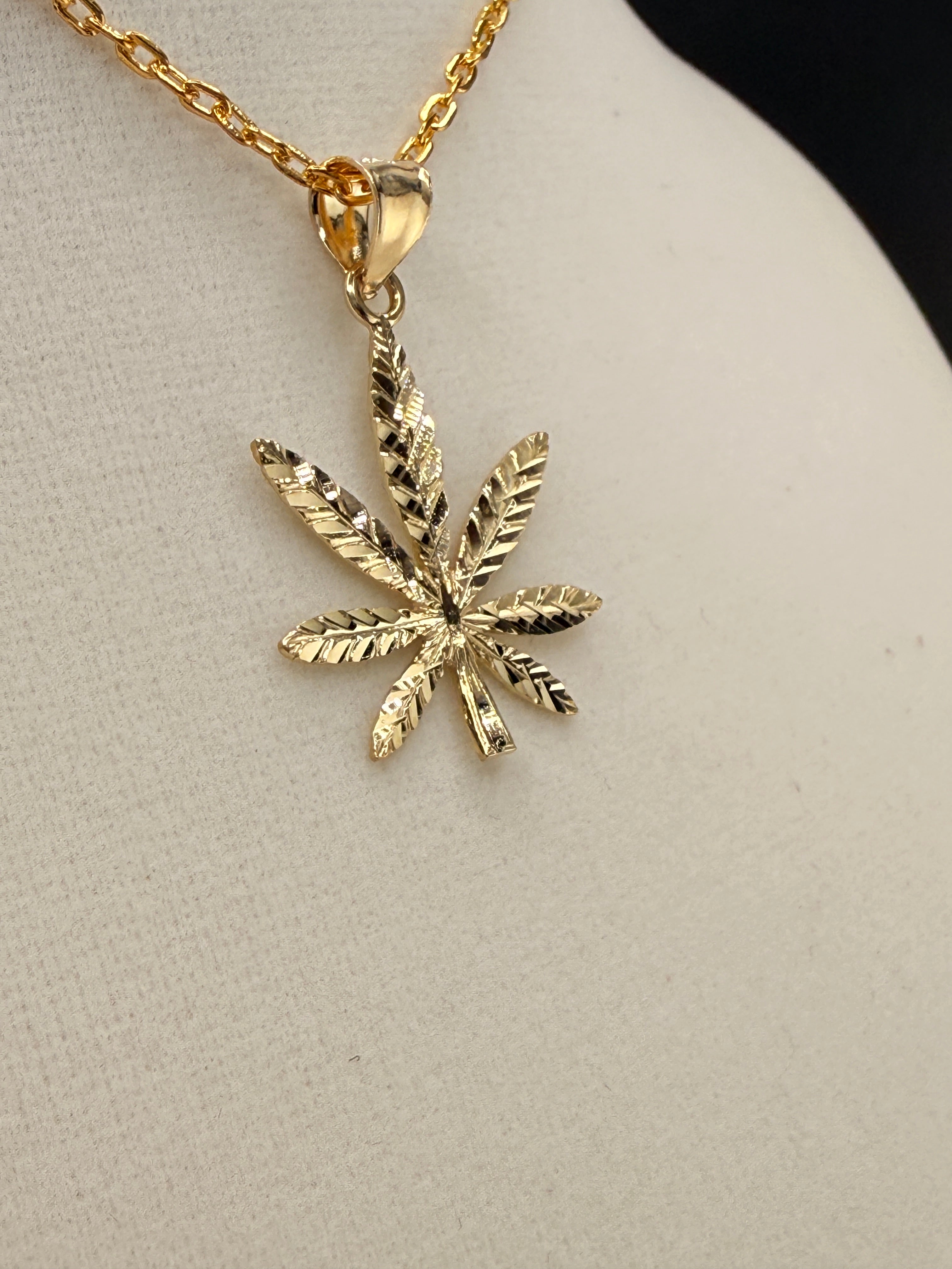 14K Gold Diamond-Cut Herbal Leaf Pendant