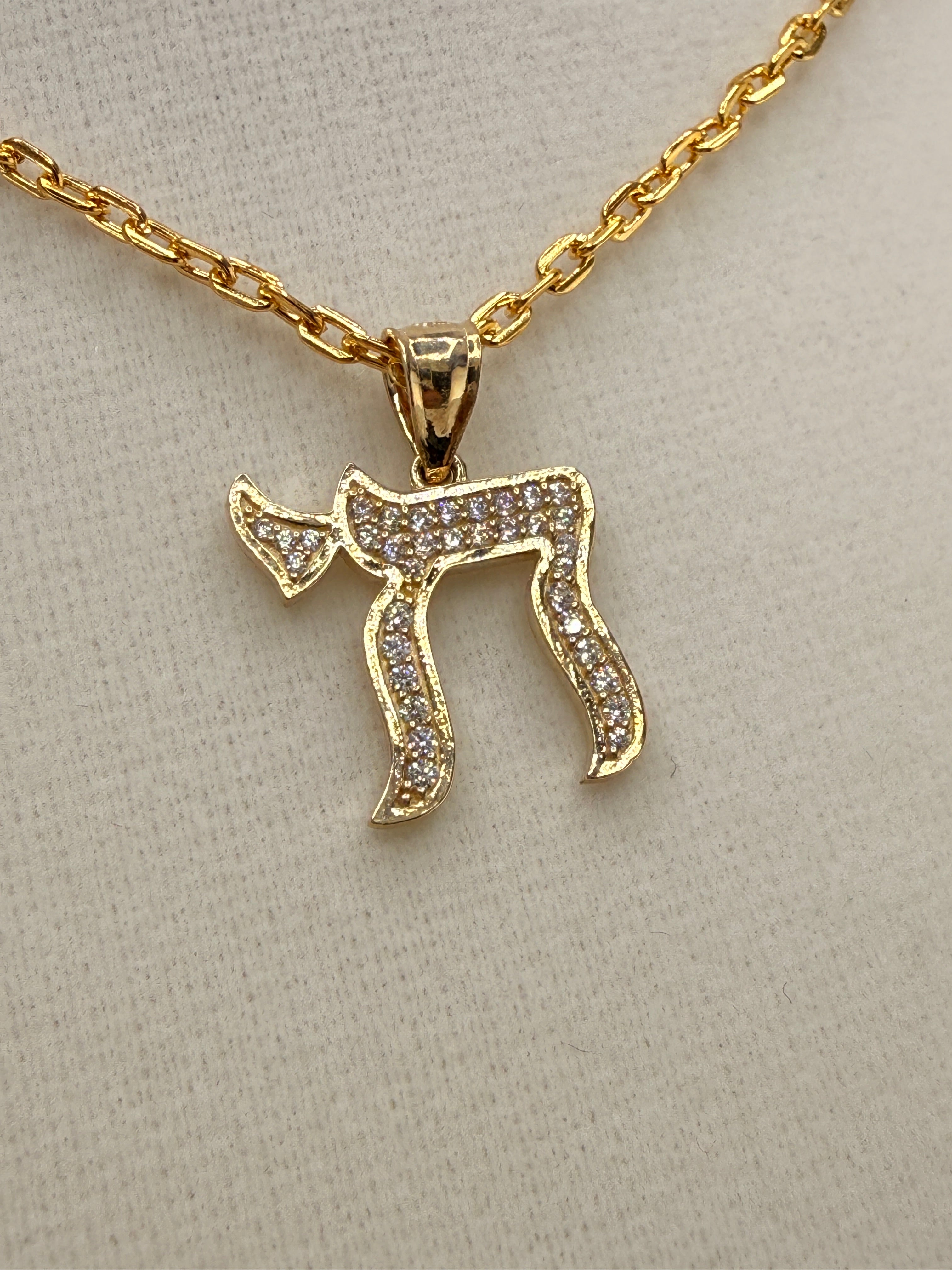 14K Gold CZ Hebrew Chai Pendant