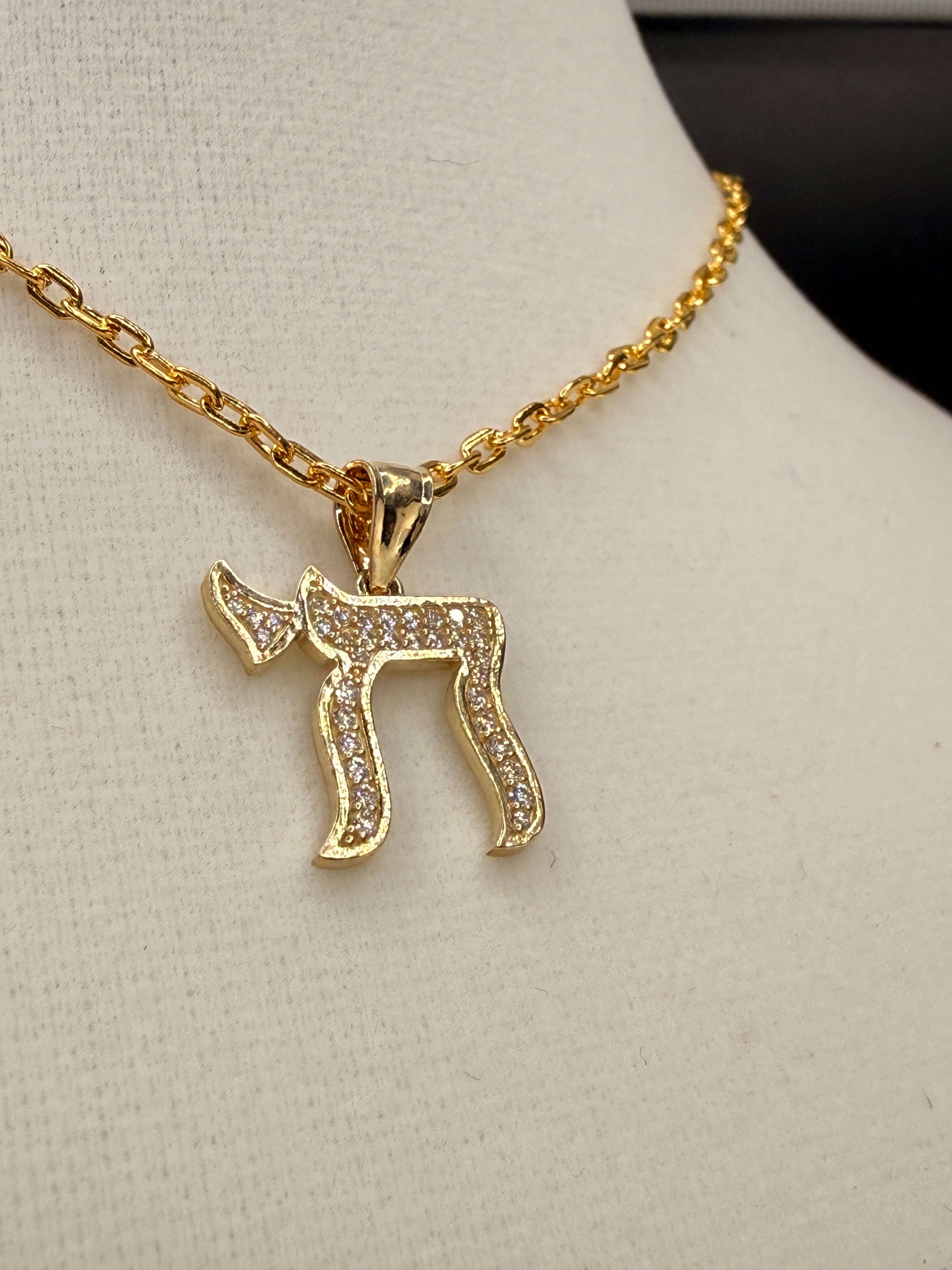 14K Gold CZ Hebrew Chai Pendant