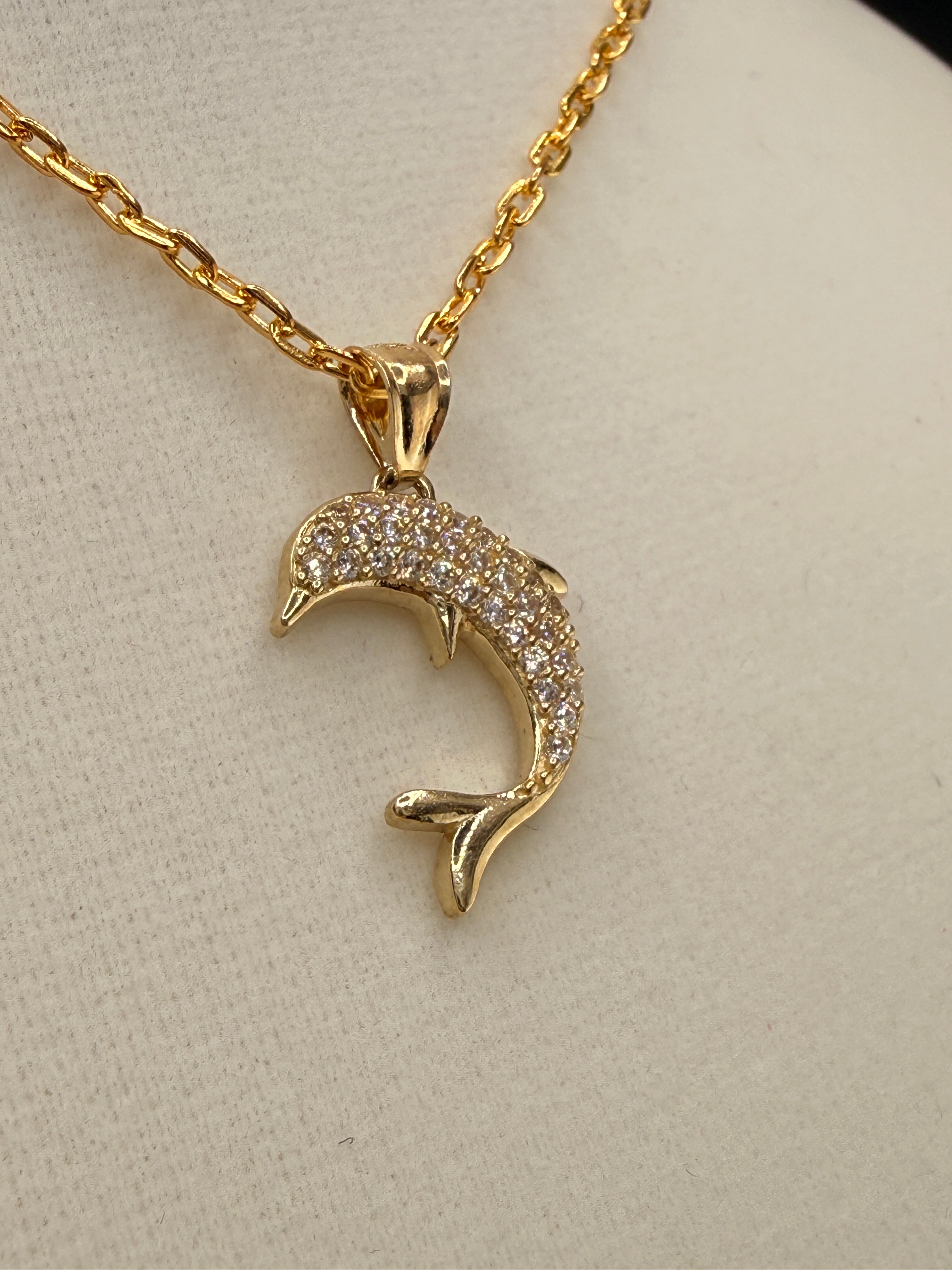 14K Gold CZ Diamond Dolphin Pendant